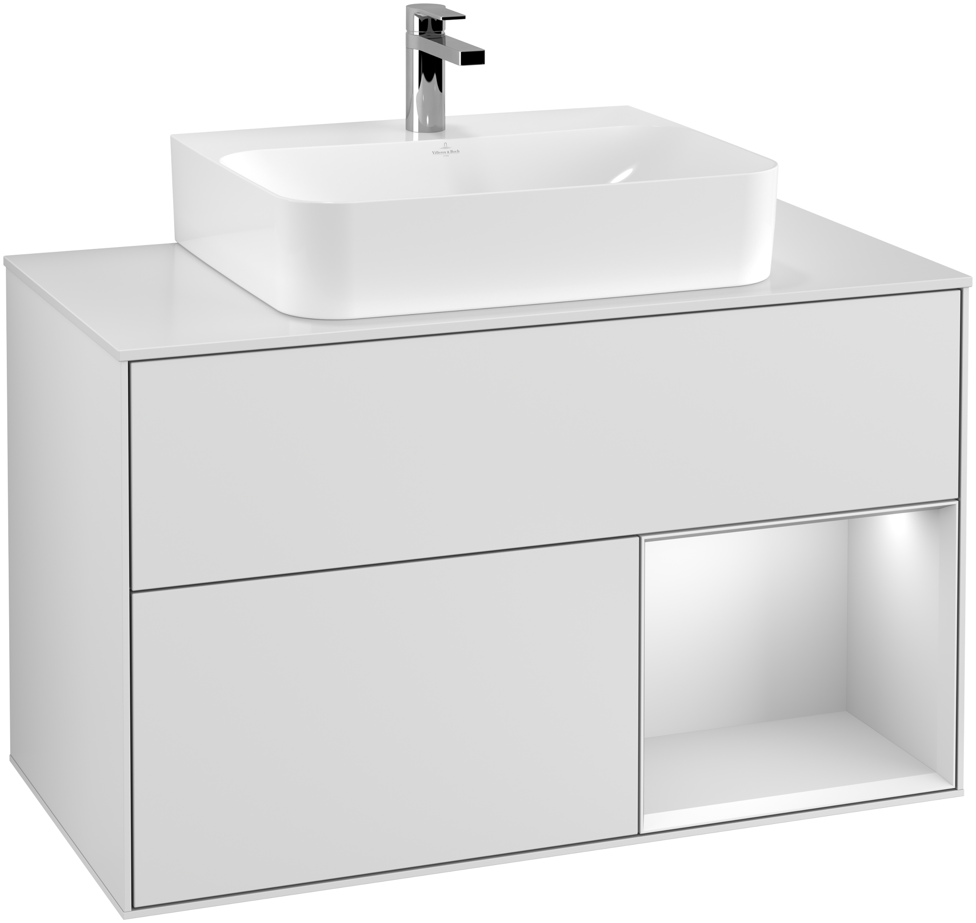 Villeroy & Boch Finion Waschbeckenunterschrank, mit Beleuchtung, 2 Auszüge, 1000x603x501mm, Korpus: White Matt Lacquer, Front: White Matt Lacquer, Regalelement: White Matt Lacquer, Abdeckplatte: Glass White Matt