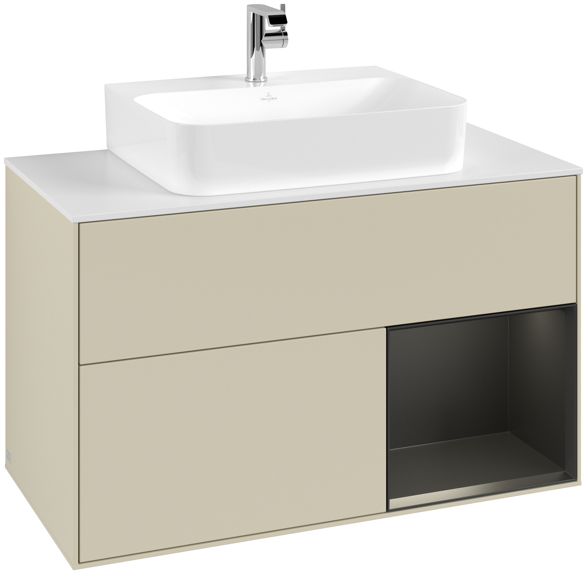 Villeroy & Boch Finion Modulo bajo, con iluminación, 2 compartimentos extraíbles, 1000x603x501mm, Cuerpo: Silk Grey Matt Lacquer, Frontal: Silk Grey Matt Lacquer, Estante: Black Matt Lacquer, Placa de cubierta: Glass White Matt