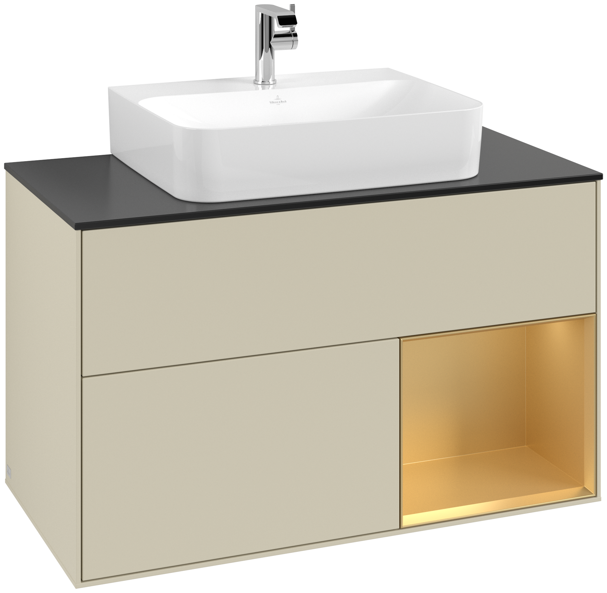 Villeroy & Boch Finion Meuble sous plan, avec éclairage, 2 tiroirs sur rails, 1000x603x501mm, Caisson: Silk Grey Matt Lacquer, Façade: Silk Grey Matt Lacquer, Élément d’étagère: Gold Matt Lacquer, Plaque de recouvrement: Glass Black Matt