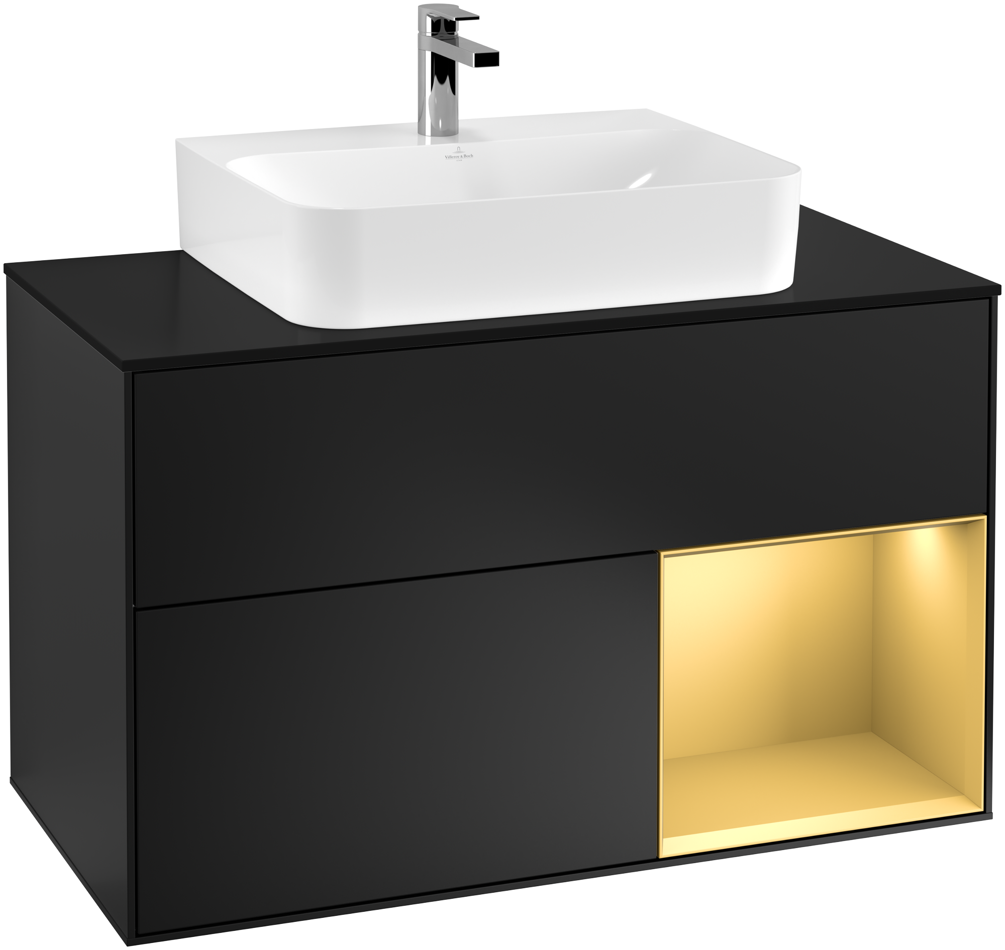 Villeroy & Boch Finion Vanity unit, with lighting, 2 pull-out compartments, 1000x603x501mm, Body: Black Matt Lacquer, Front: Black Matt Lacquer, Shelf: Gold Matt Lacquer, Cover plate: Glass Black Matt