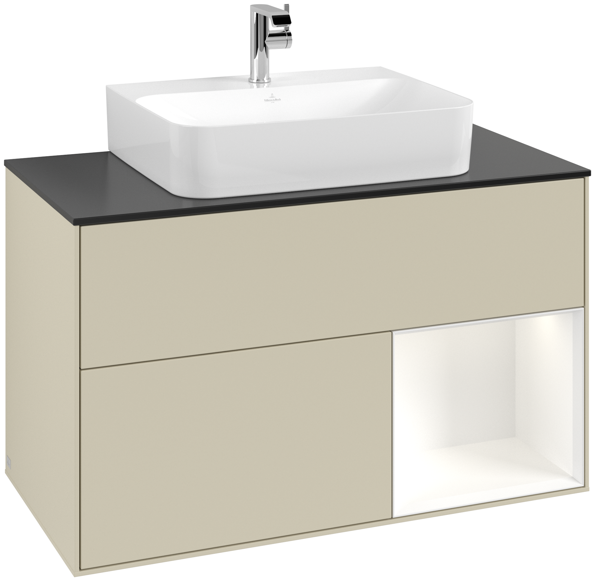 Villeroy & Boch Finion Meuble sous plan, avec éclairage, 2 tiroirs sur rails, 1000x603x501mm, Caisson: Silk Grey Matt Lacquer, Façade: Silk Grey Matt Lacquer, Élément d’étagère: White Matt Lacquer, Plaque de recouvrement: Glass Black Matt