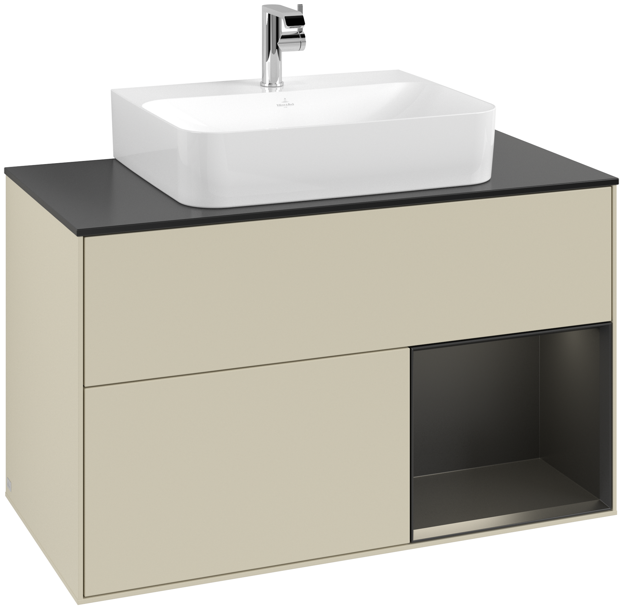 Villeroy & Boch Finion Meuble sous plan, avec éclairage, 2 tiroirs sur rails, 1000x603x501mm, Caisson: Silk Grey Matt Lacquer, Façade: Silk Grey Matt Lacquer, Élément d’étagère: Black Matt Lacquer, Plaque de recouvrement: Glass Black Matt