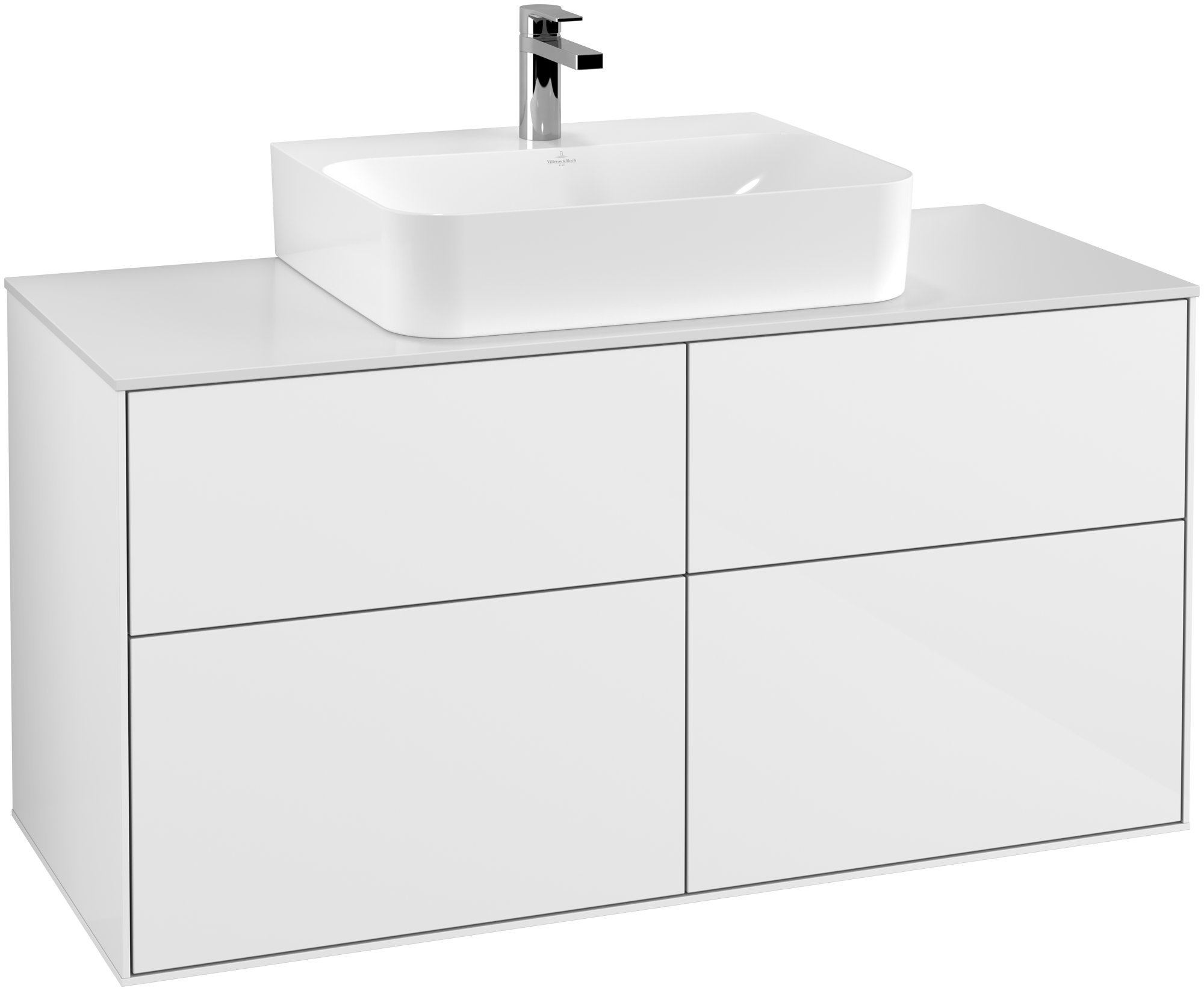 Villeroy & Boch Finion Meuble sous plan, 4 tiroirs sur rails, 1200x603x501mm, Caisson: Glossy White Lacquer, Façade: Glossy White Lacquer, Plaque de recouvrement: Glass White Matt