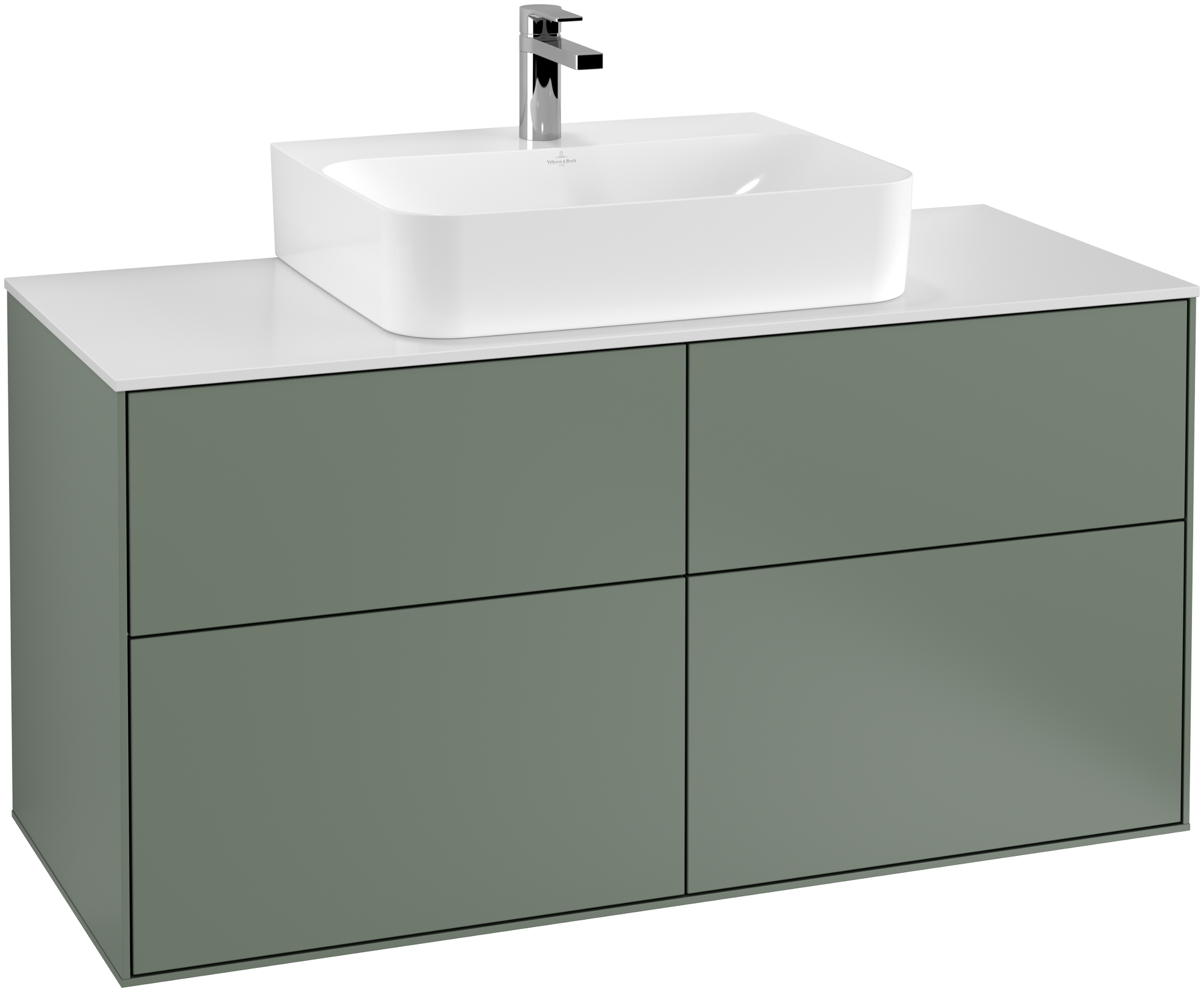 Villeroy & Boch Finion Meuble sous plan, 4 tiroirs sur rails, 1200x603x501mm, Caisson: Olive Matt Lacquer, Façade: Olive Matt Lacquer, Plaque de recouvrement: Glass White Matt