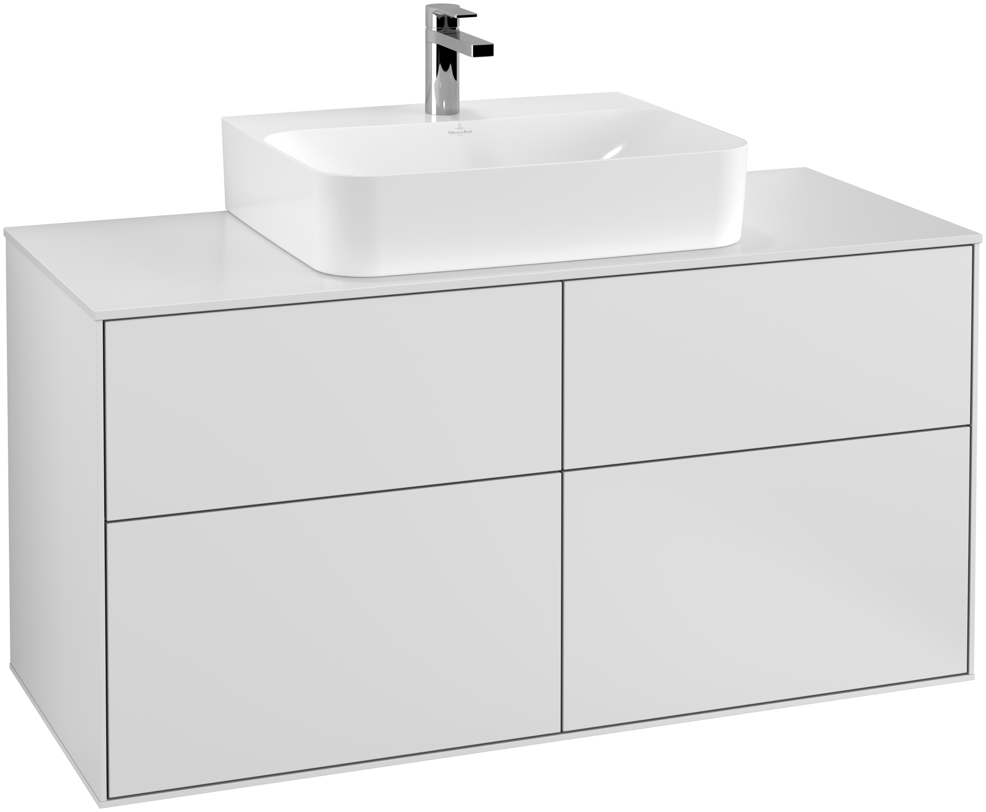 Villeroy & Boch Finion Meuble sous plan, 4 tiroirs sur rails, 1200x603x501mm, Caisson: White Matt Lacquer, Façade: White Matt Lacquer, Plaque de recouvrement: Glass White Matt