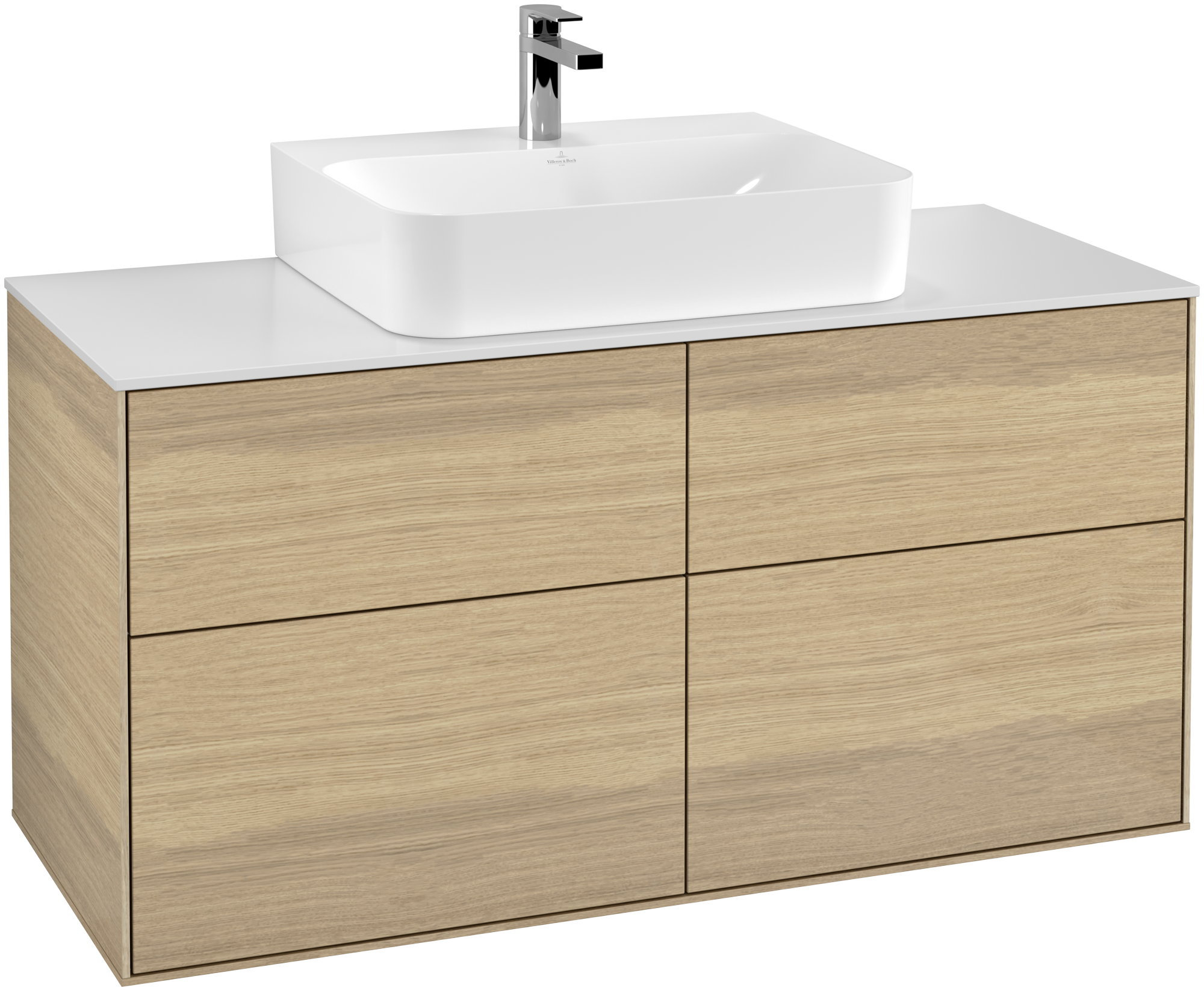 Villeroy & Boch Finion Waschbeckenunterschrank, 4 Auszüge, 1200x603x501mm, Korpus: Oak Veneer, Front: Oak Veneer, Abdeckplatte: Glass White Matt