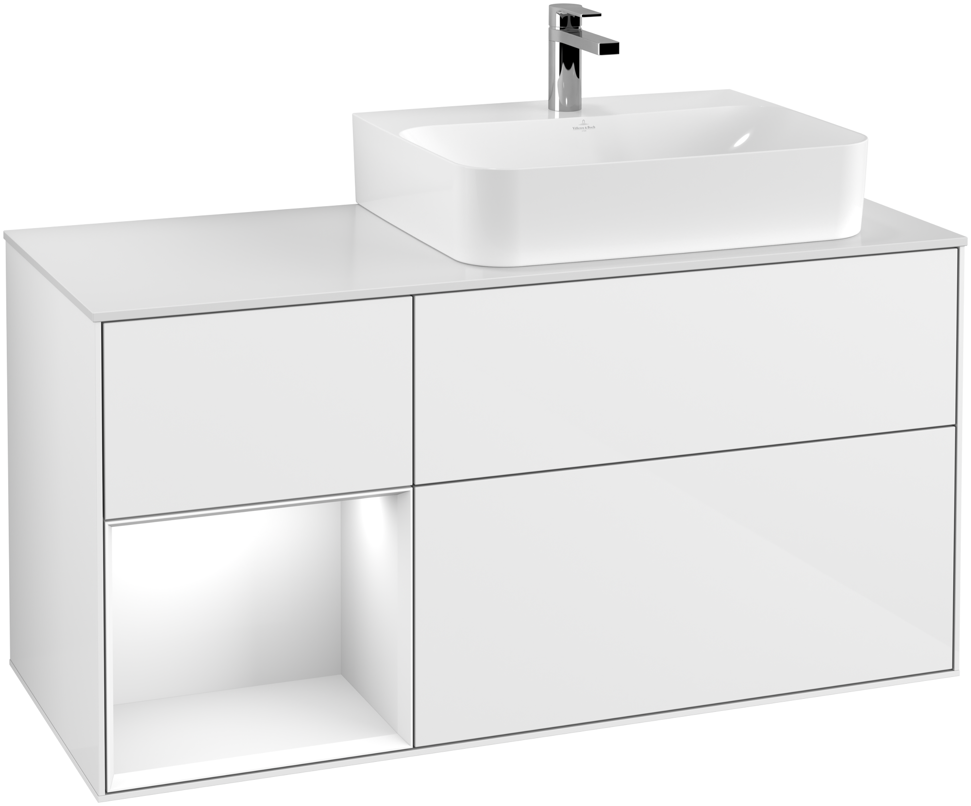 Villeroy & Boch Finion Waschbeckenunterschrank, mit Beleuchtung, 3 Auszüge, 1200x603x501mm, Korpus: Glossy White Lacquer, Front: Glossy White Lacquer, Regalelement: Glossy White Lacquer, Abdeckplatte: Glass White Matt