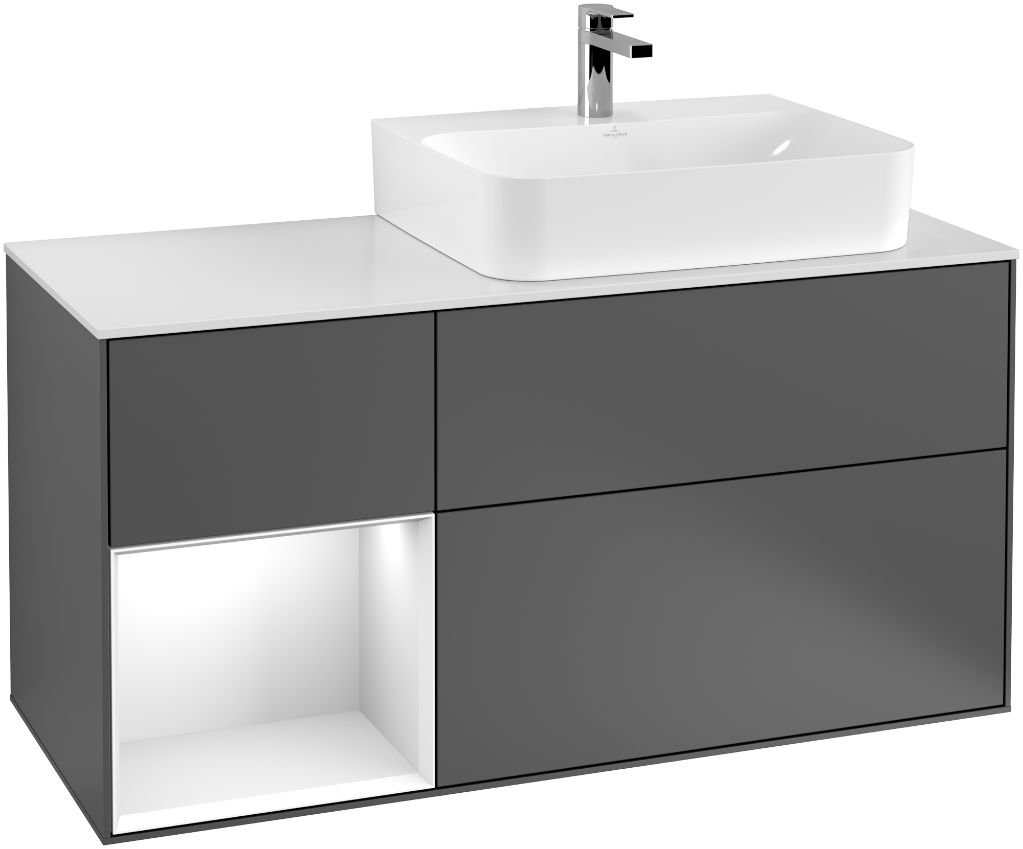Villeroy & Boch Finion Vanity unit, with lighting, 3 pull-out compartments, 1200x603x501mm, Body: Anthracite Matt Lacquer, Front: Anthracite Matt Lacquer, Shelf: White Matt Lacquer, Cover plate: Glass White Matt