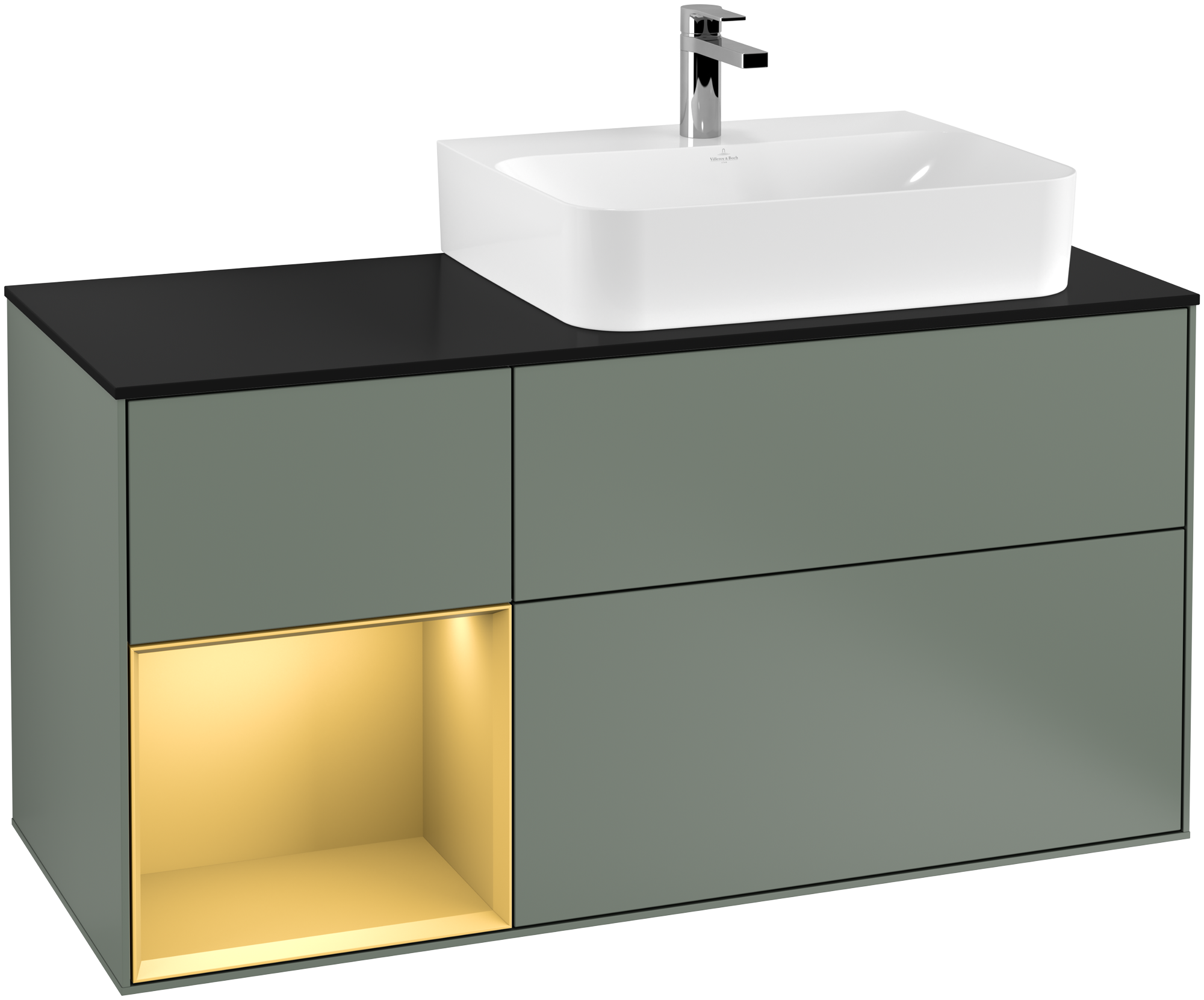 Villeroy & Boch Finion Vanity unit, with lighting, 3 pull-out compartments, 1200x603x501mm, Body: Olive Matt Lacquer, Front: Olive Matt Lacquer, Shelf: Gold Matt Lacquer, Cover plate: Glass Black Matt