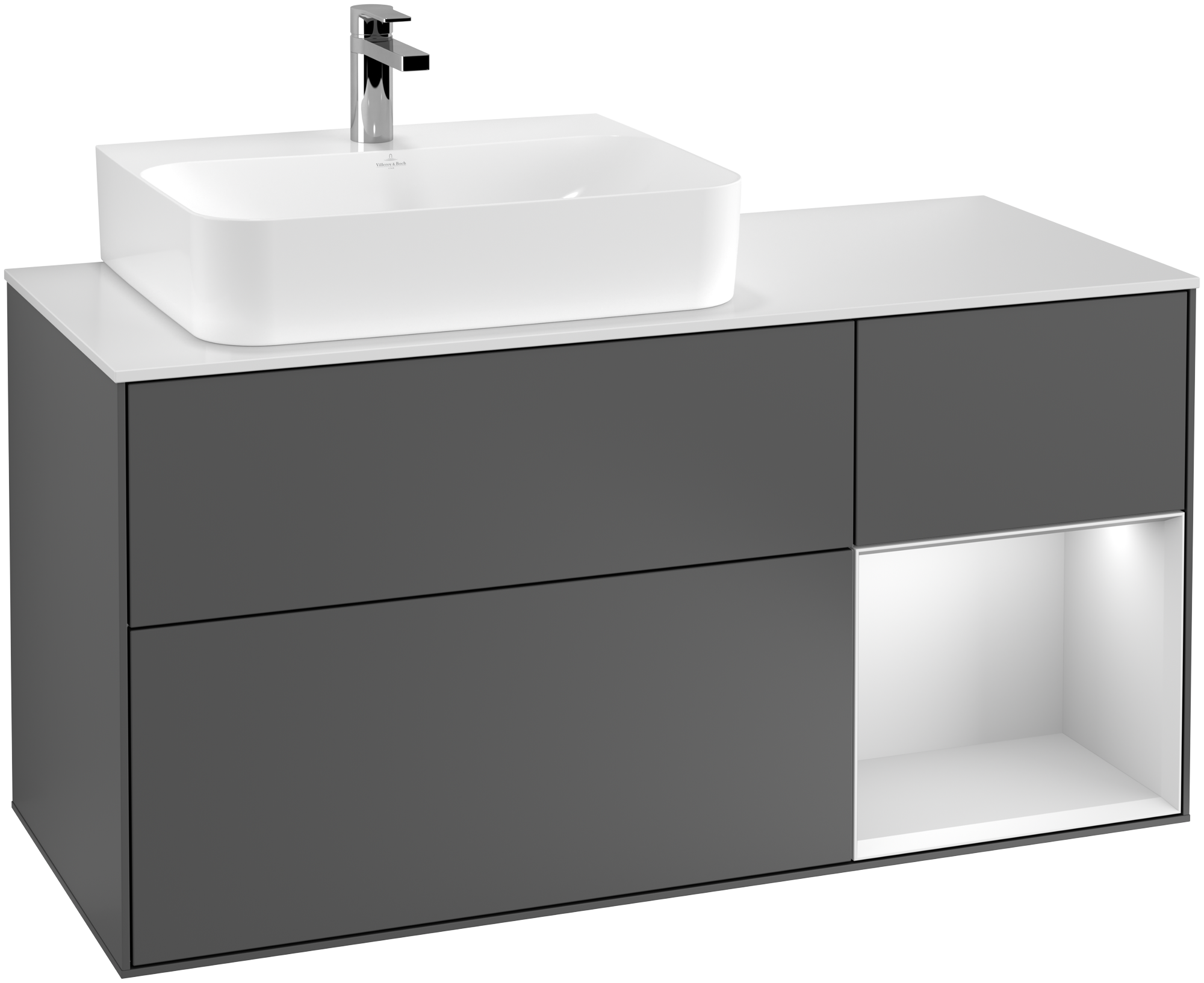 Villeroy & Boch Finion Waschbeckenunterschrank, mit Beleuchtung, 3 Auszüge, 1200x603x501mm, Korpus: Anthracite Matt Lacquer, Front: Anthracite Matt Lacquer, Regalelement: White Matt Lacquer, Abdeckplatte: Glass White Matt