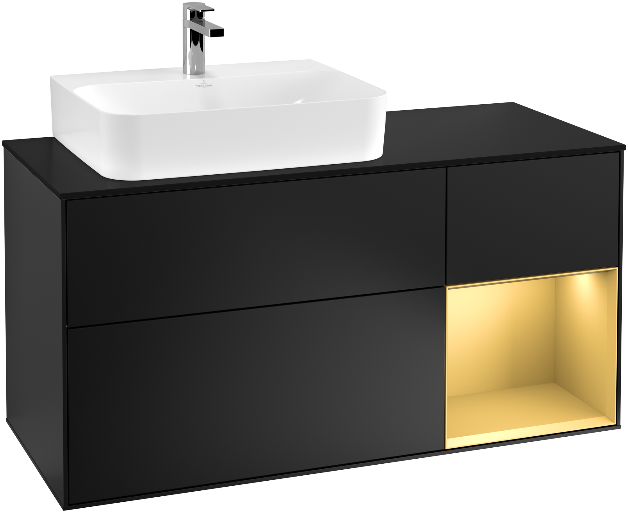 Villeroy & Boch Finion Meuble sous plan, avec éclairage, 3 tiroirs sur rails, 1200x603x501mm, Caisson: Black Matt Lacquer, Façade: Black Matt Lacquer, Élément d’étagère: Gold Matt Lacquer, Plaque de recouvrement: Glass Black Matt