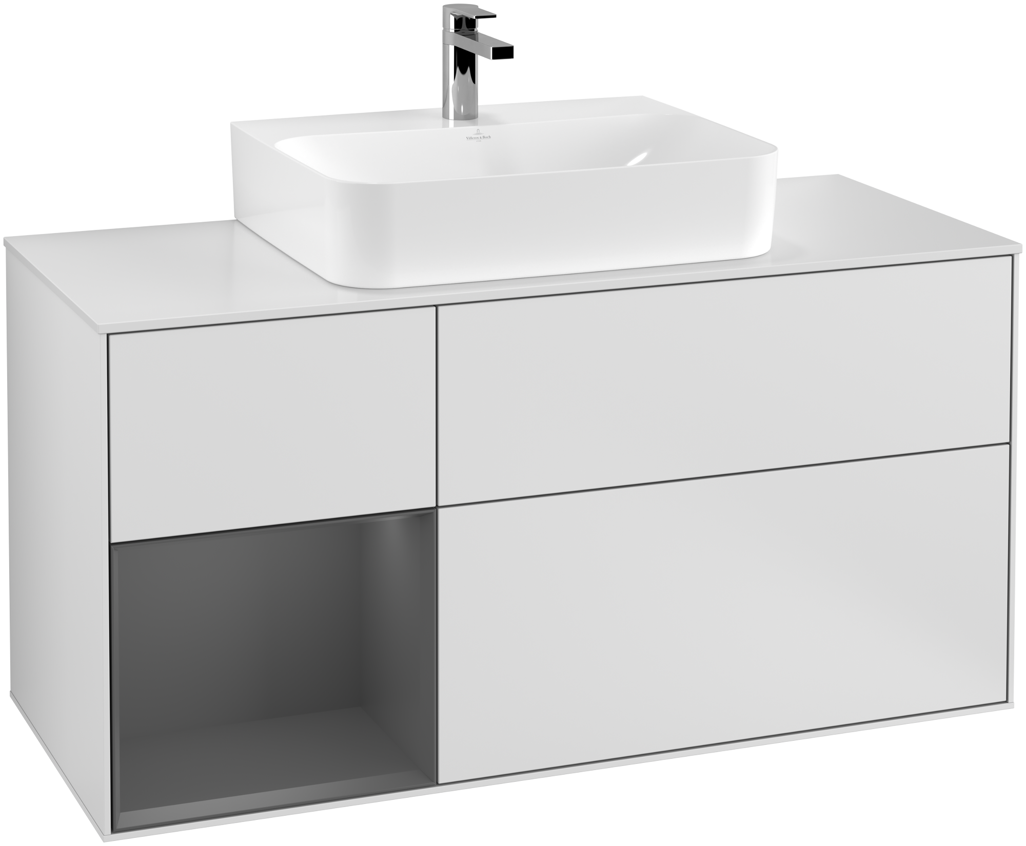 Villeroy & Boch Finion Waschbeckenunterschrank, mit Beleuchtung, 3 Auszüge, 1200x603x501mm, Korpus: White Matt Lacquer, Front: White Matt Lacquer, Regalelement: Anthracite Matt Lacquer, Abdeckplatte: Glass White Matt