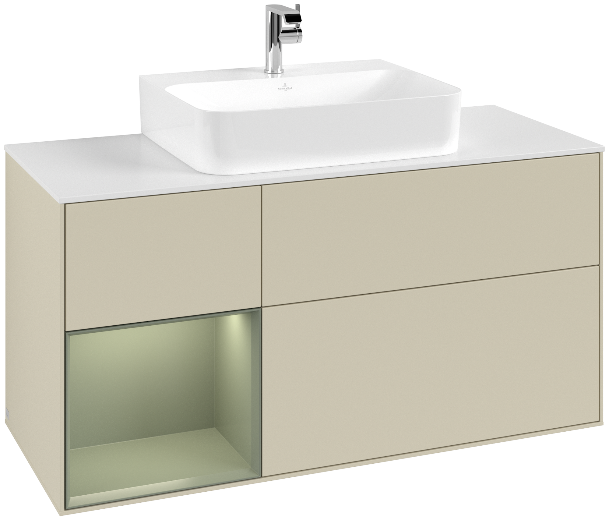 Villeroy & Boch Finion Meuble sous plan, avec éclairage, 3 tiroirs sur rails, 1200x603x501mm, Caisson: Silk Grey Matt Lacquer, Façade: Silk Grey Matt Lacquer, Élément d’étagère: Olive Matt Lacquer, Plaque de recouvrement: Glass White Matt