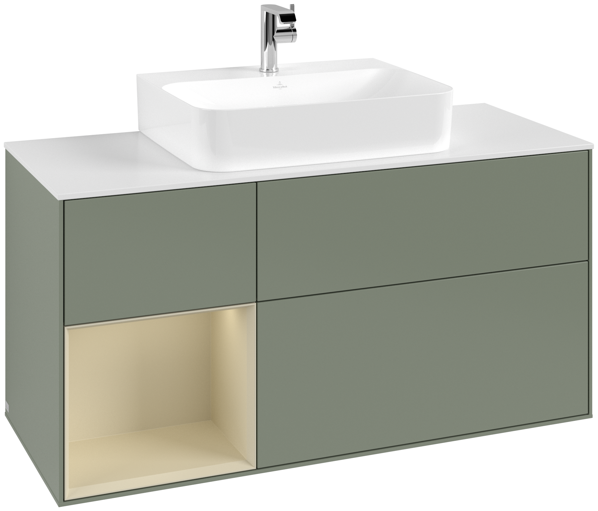 Villeroy & Boch Finion Meuble sous plan, avec éclairage, 3 tiroirs sur rails, 1200x603x501mm, Caisson: Olive Matt Lacquer, Façade: Olive Matt Lacquer, Élément d’étagère: Silk Grey Matt Lacquer, Plaque de recouvrement: Glass White Matt
