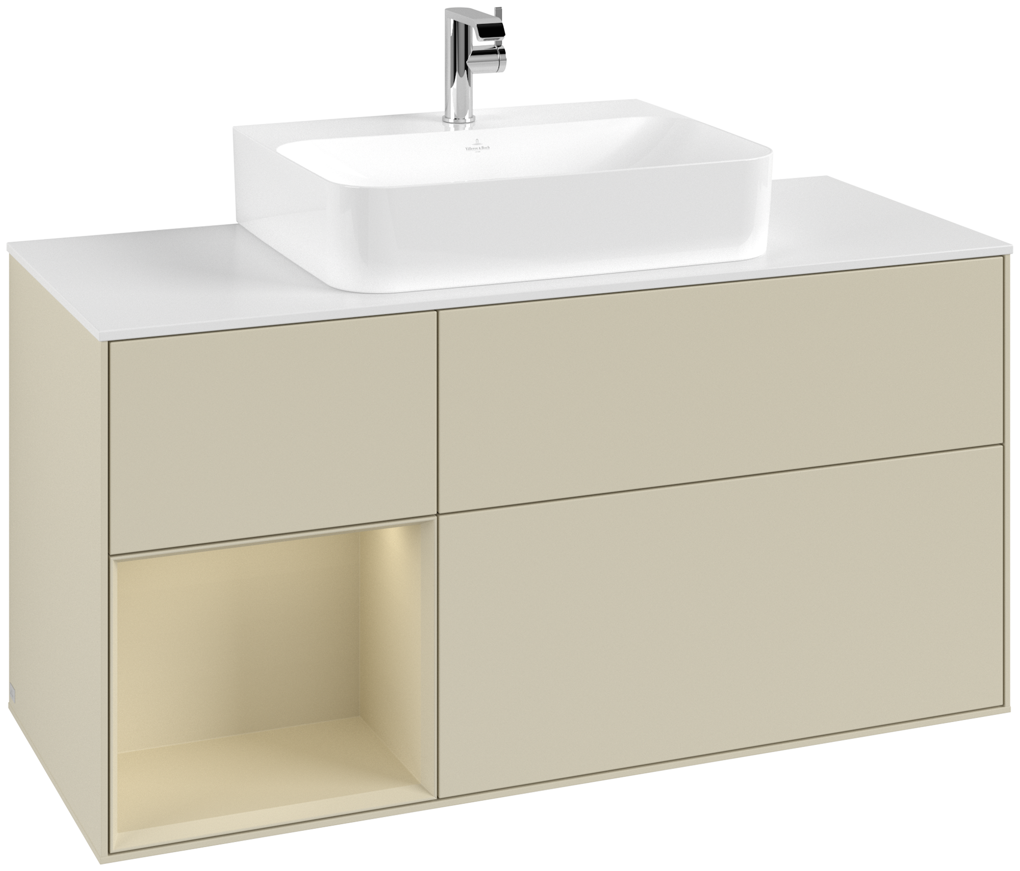 Villeroy & Boch Finion Meuble sous plan, avec éclairage, 3 tiroirs sur rails, 1200x603x501mm, Caisson: Silk Grey Matt Lacquer, Façade: Silk Grey Matt Lacquer, Élément d’étagère: Silk Grey Matt Lacquer, Plaque de recouvrement: Glass White Matt