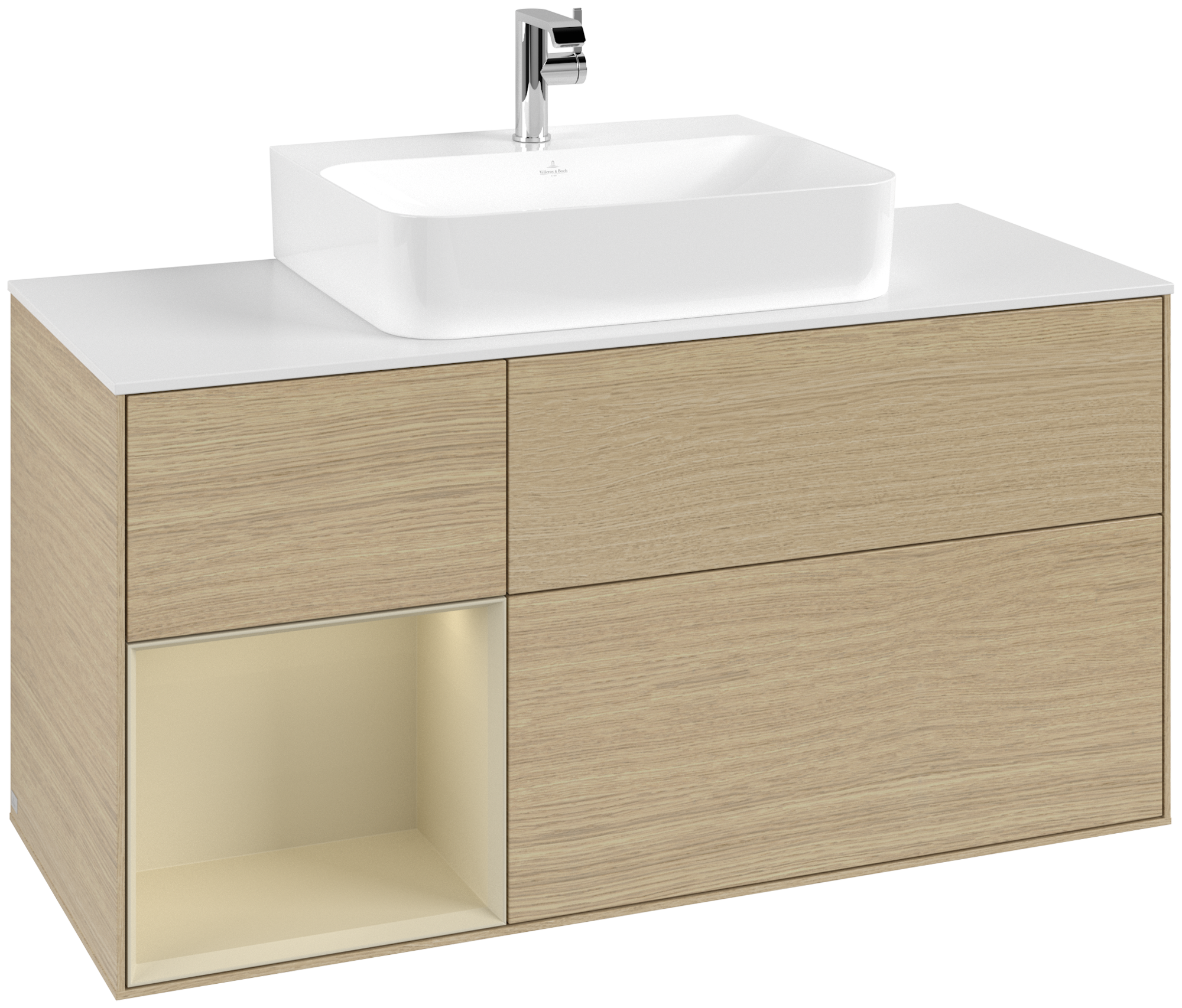 Villeroy & Boch Finion Meuble sous plan, avec éclairage, 3 tiroirs sur rails, 1200x603x501mm, Caisson: Oak Veneer, Façade: Oak Veneer, Élément d’étagère: Silk Grey Matt Lacquer, Plaque de recouvrement: Glass White Matt