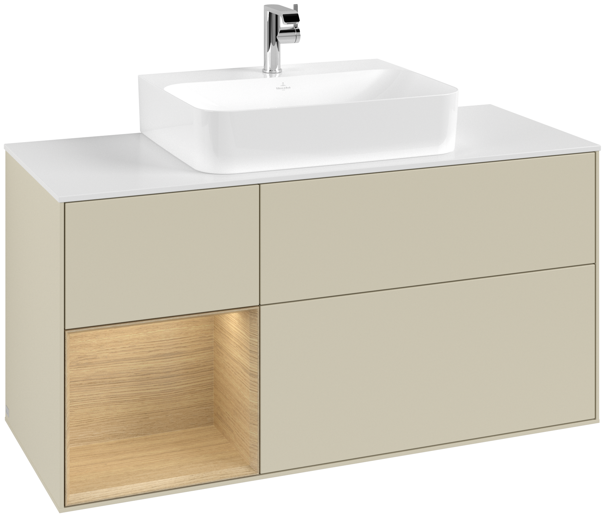 Villeroy & Boch Finion Meuble sous plan, avec éclairage, 3 tiroirs sur rails, 1200x603x501mm, Caisson: Silk Grey Matt Lacquer, Façade: Silk Grey Matt Lacquer, Élément d’étagère: Oak Veneer, Plaque de recouvrement: Glass White Matt