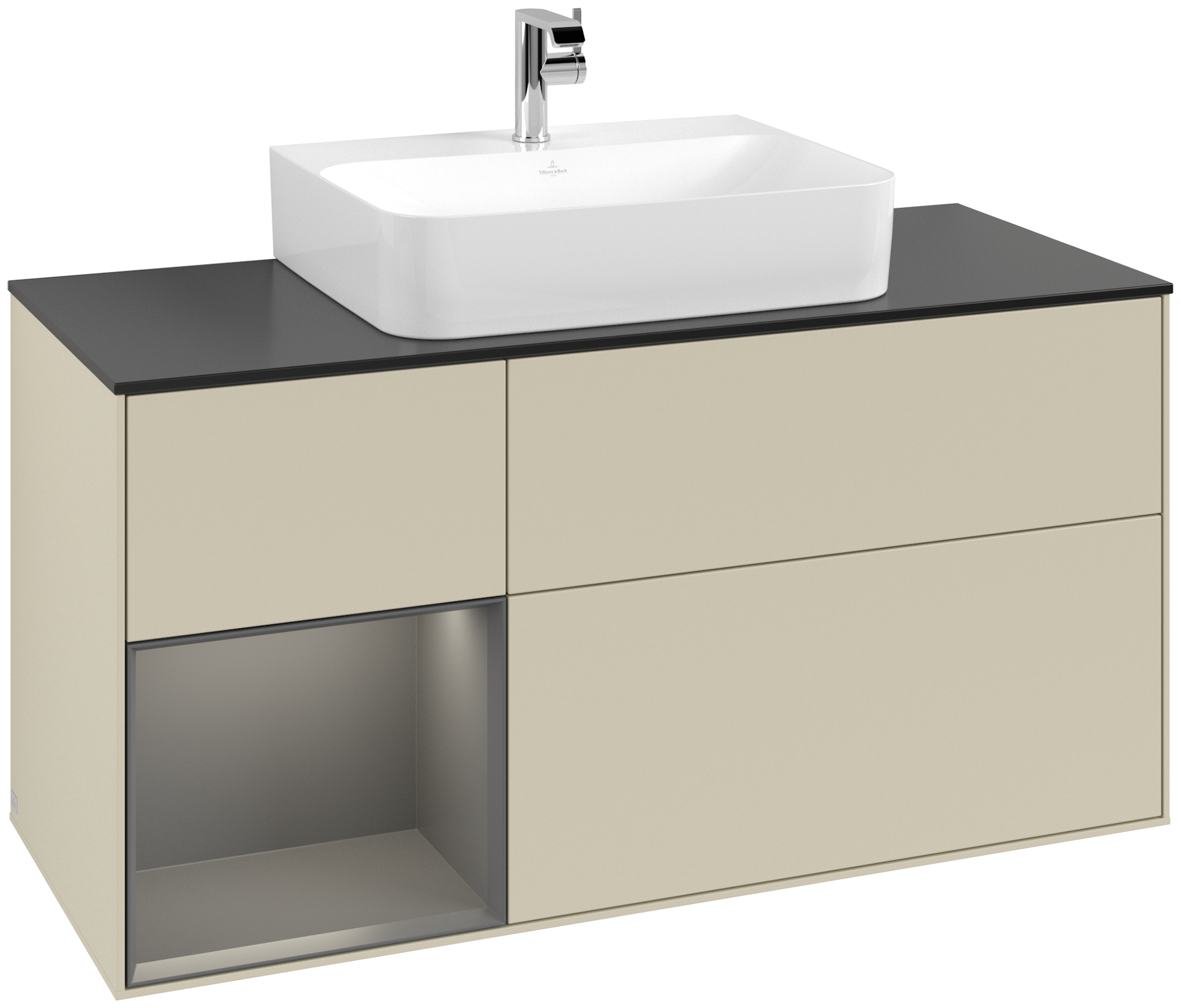 Villeroy & Boch Finion Meuble sous plan, avec éclairage, 3 tiroirs sur rails, 1200x603x501mm, Caisson: Silk Grey Matt Lacquer, Façade: Silk Grey Matt Lacquer, Élément d’étagère: Anthracite Matt Lacquer, Plaque de recouvrement: Glass Black Matt