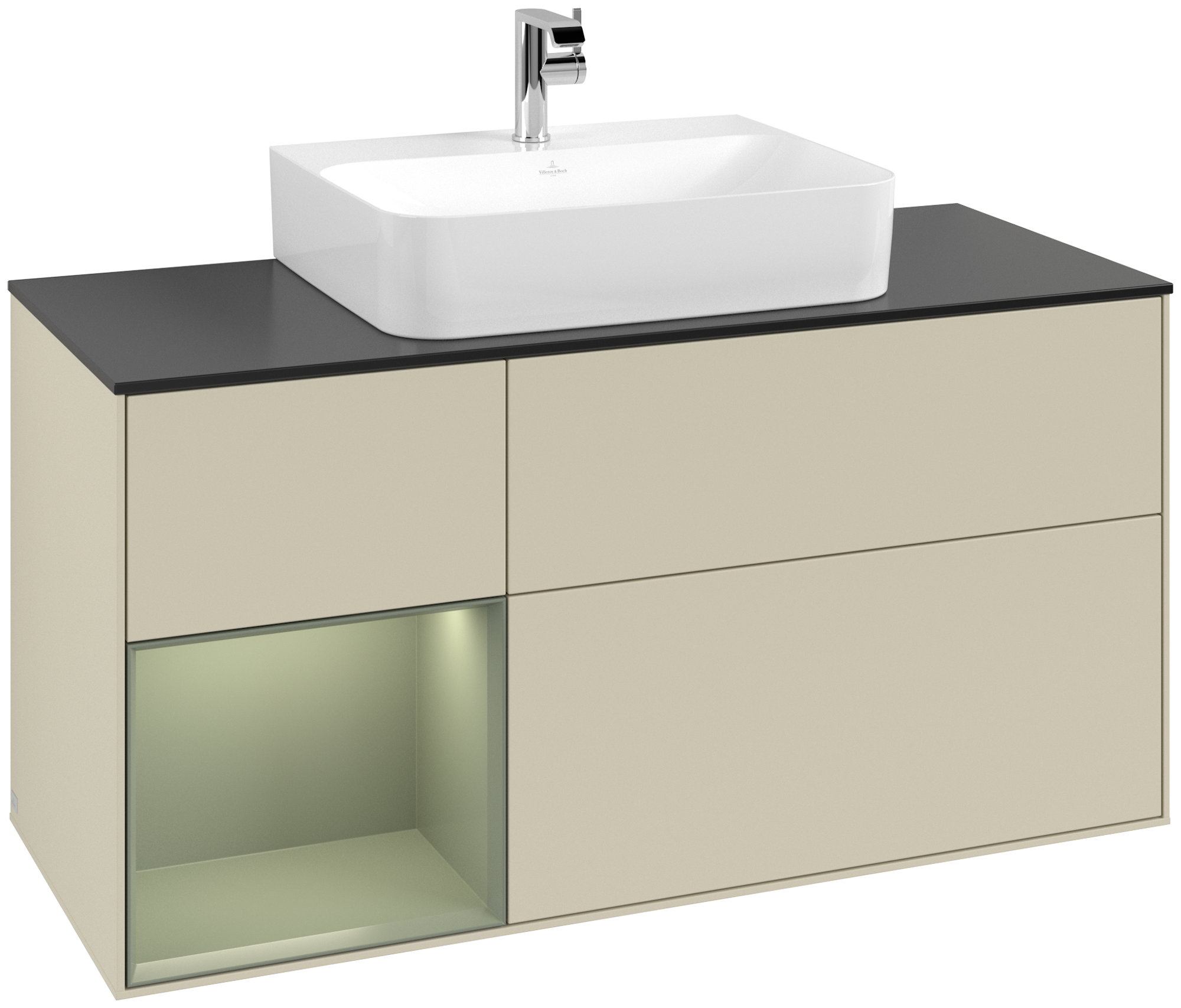 Villeroy & Boch Finion Meuble sous plan, avec éclairage, 3 tiroirs sur rails, 1200x603x501mm, Caisson: Silk Grey Matt Lacquer, Façade: Silk Grey Matt Lacquer, Élément d’étagère: Olive Matt Lacquer, Plaque de recouvrement: Glass Black Matt