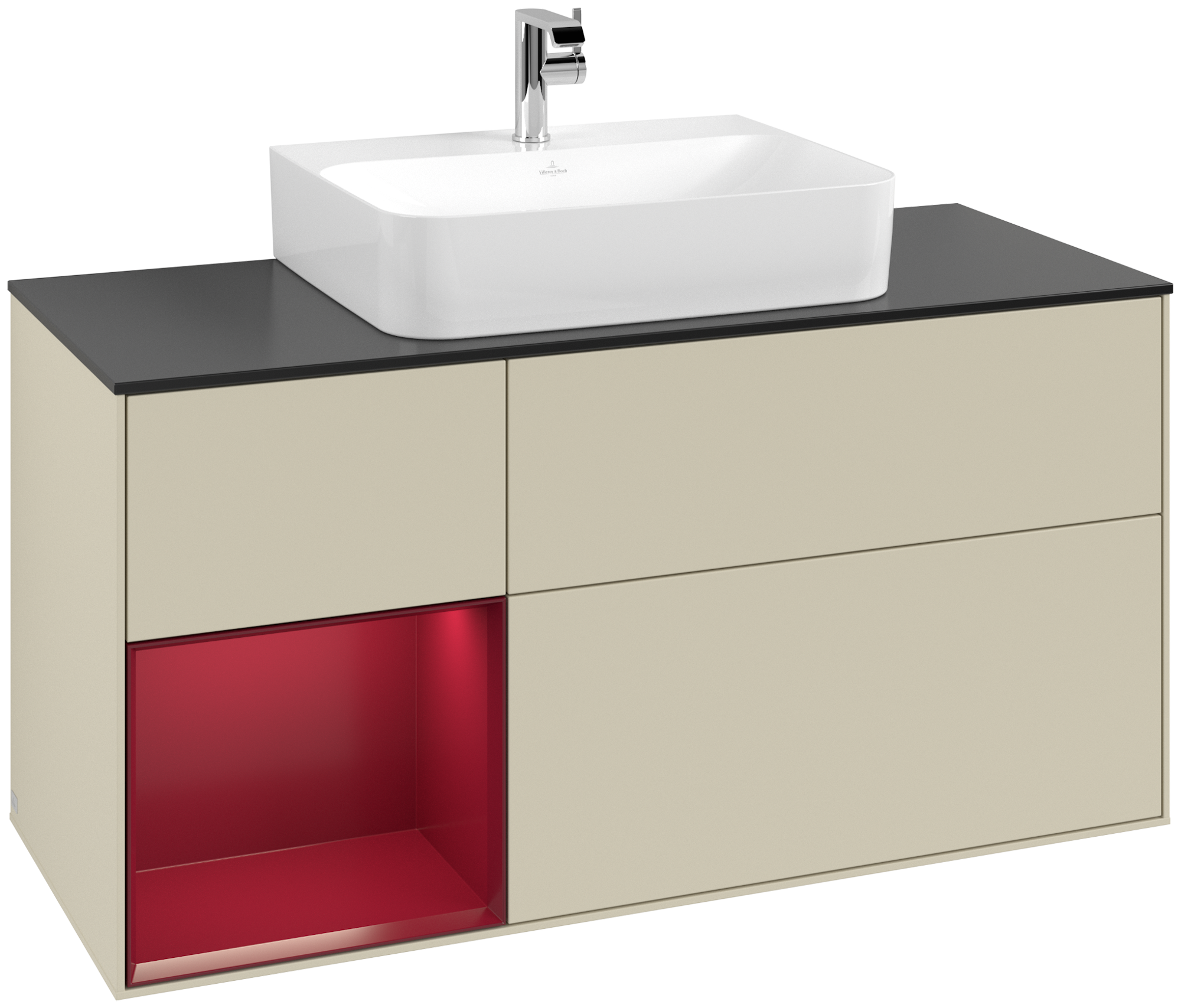 Villeroy & Boch Finion Meuble sous plan, avec éclairage, 3 tiroirs sur rails, 1200x603x501mm, Caisson: Silk Grey Matt Lacquer, Façade: Silk Grey Matt Lacquer, Élément d’étagère: Peony Matt Lacquer, Plaque de recouvrement: Glass Black Matt