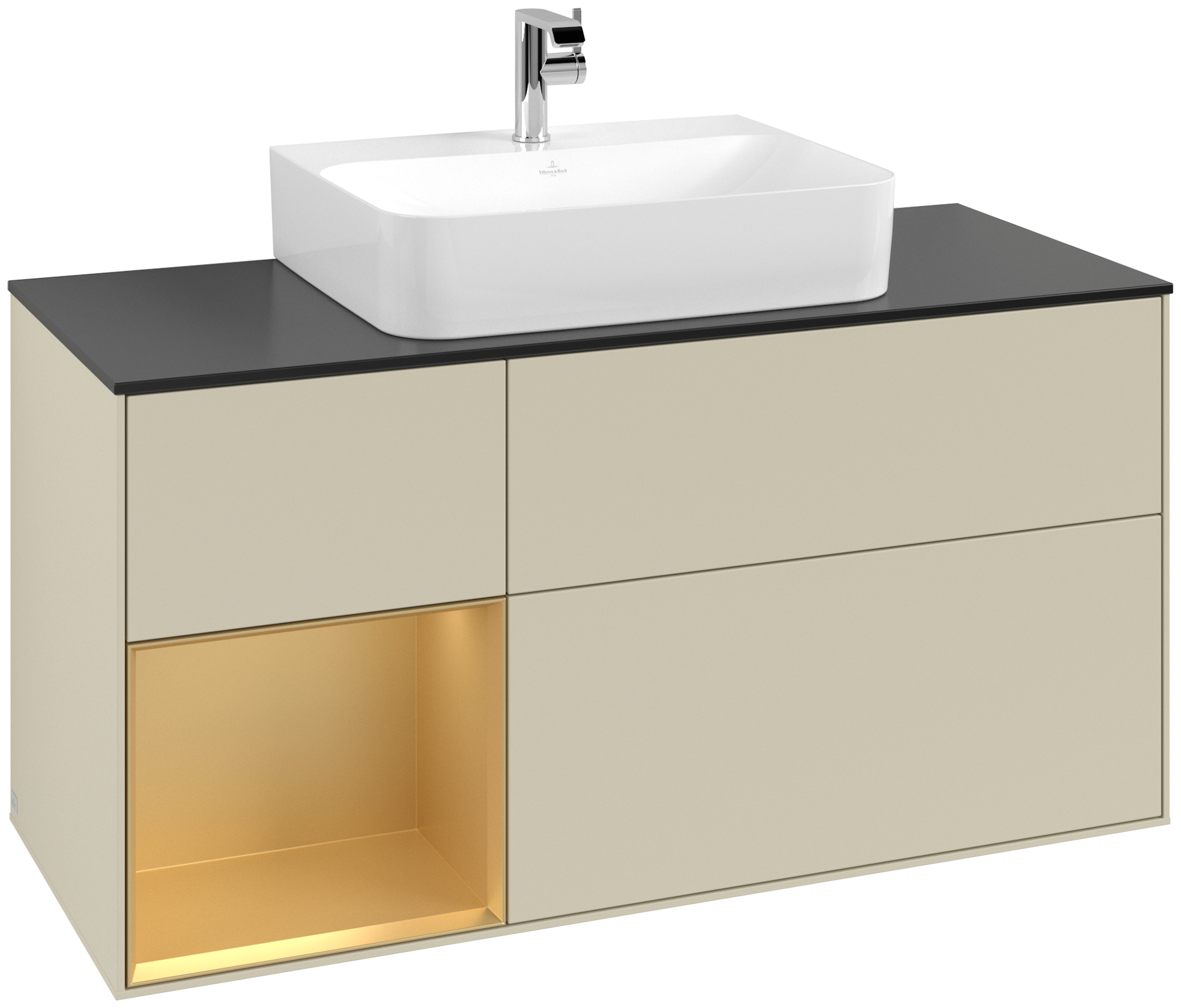 Villeroy & Boch Finion Meuble sous plan, avec éclairage, 3 tiroirs sur rails, 1200x603x501mm, Caisson: Silk Grey Matt Lacquer, Façade: Silk Grey Matt Lacquer, Élément d’étagère: Gold Matt Lacquer, Plaque de recouvrement: Glass Black Matt