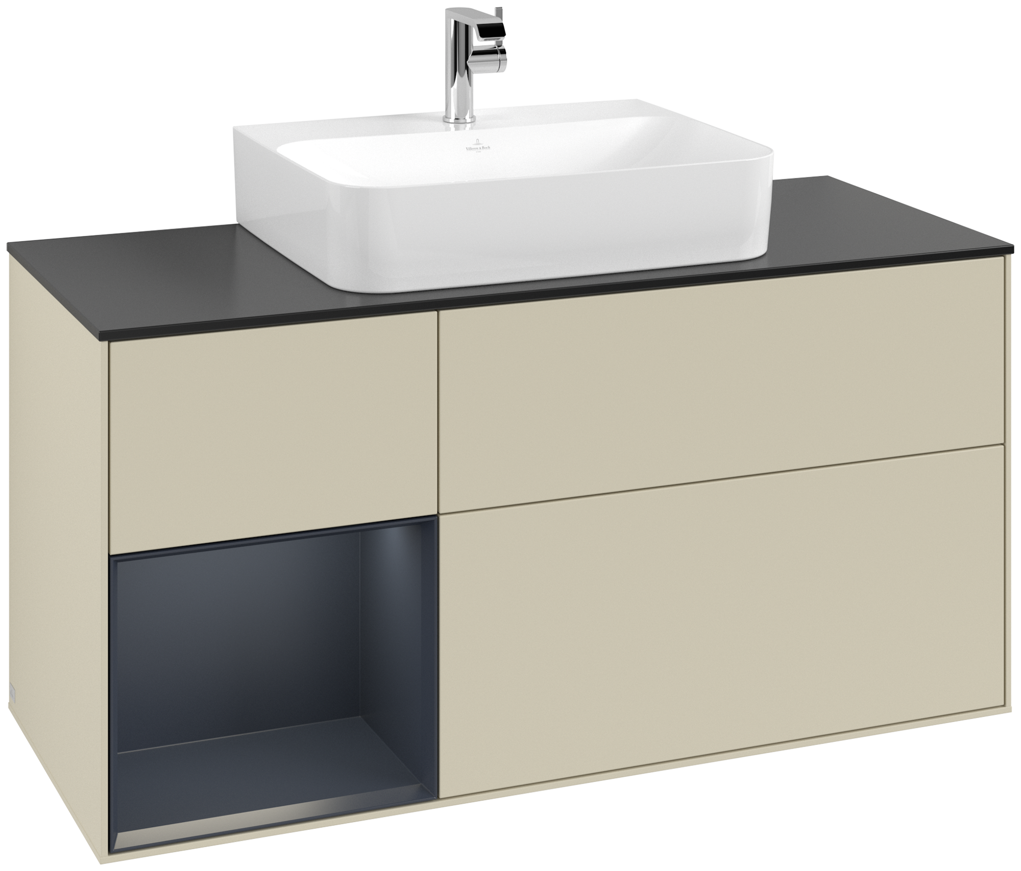 Villeroy & Boch Finion Meuble sous plan, avec éclairage, 3 tiroirs sur rails, 1200x603x501mm, Caisson: Silk Grey Matt Lacquer, Façade: Silk Grey Matt Lacquer, Élément d’étagère: Midnight Blue Matt Lacquer, Plaque de recouvrement: Glass Black Matt