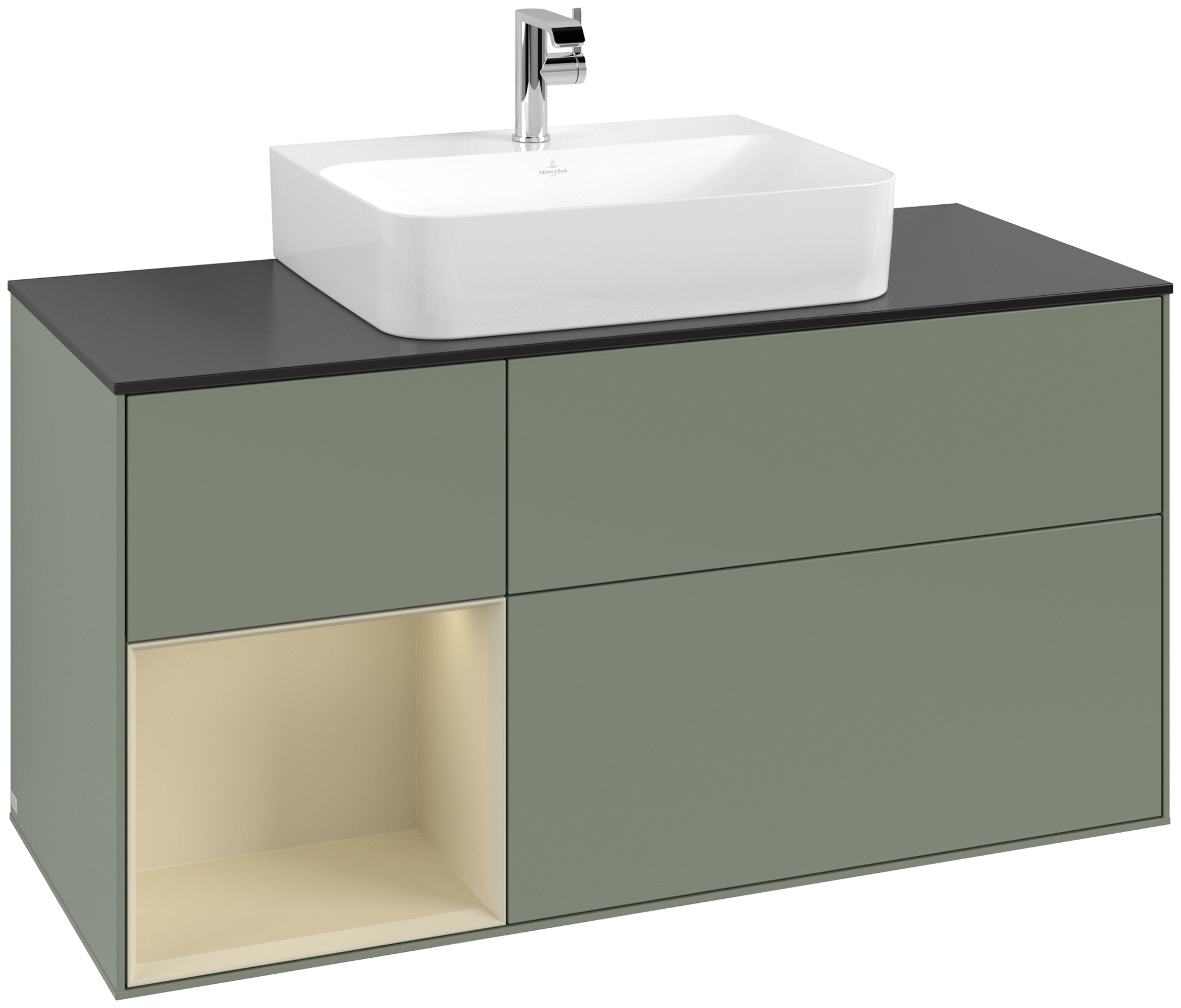 Villeroy & Boch Finion Meuble sous plan, avec éclairage, 3 tiroirs sur rails, 1200x603x501mm, Caisson: Olive Matt Lacquer, Façade: Olive Matt Lacquer, Élément d’étagère: Silk Grey Matt Lacquer, Plaque de recouvrement: Glass Black Matt