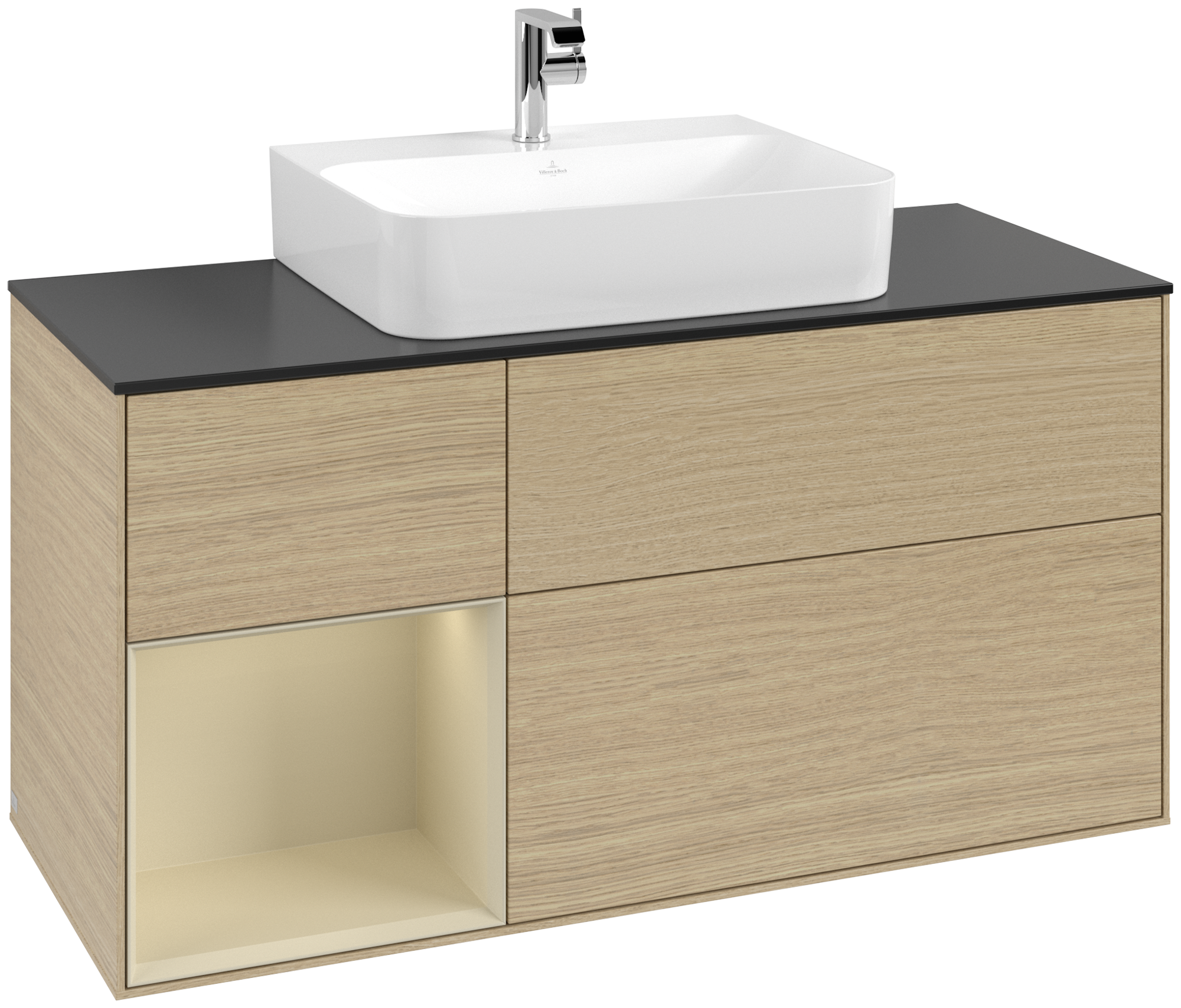 Villeroy & Boch Finion Meuble sous plan, avec éclairage, 3 tiroirs sur rails, 1200x603x501mm, Caisson: Oak Veneer, Façade: Oak Veneer, Élément d’étagère: Silk Grey Matt Lacquer, Plaque de recouvrement: Glass Black Matt