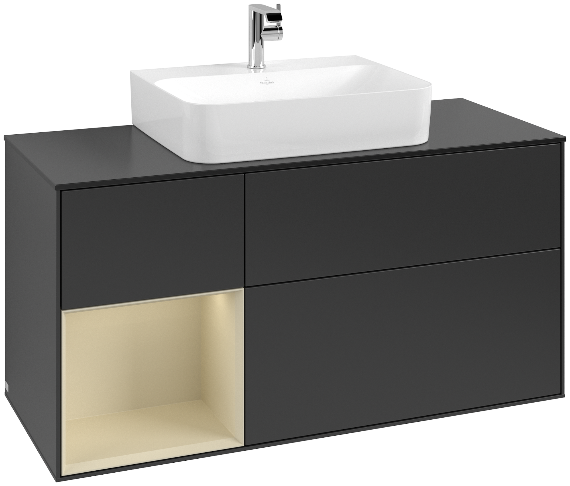 Villeroy & Boch Finion Meuble sous plan, avec éclairage, 3 tiroirs sur rails, 1200x603x501mm, Caisson: Black Matt Lacquer, Façade: Black Matt Lacquer, Élément d’étagère: Silk Grey Matt Lacquer, Plaque de recouvrement: Glass Black Matt