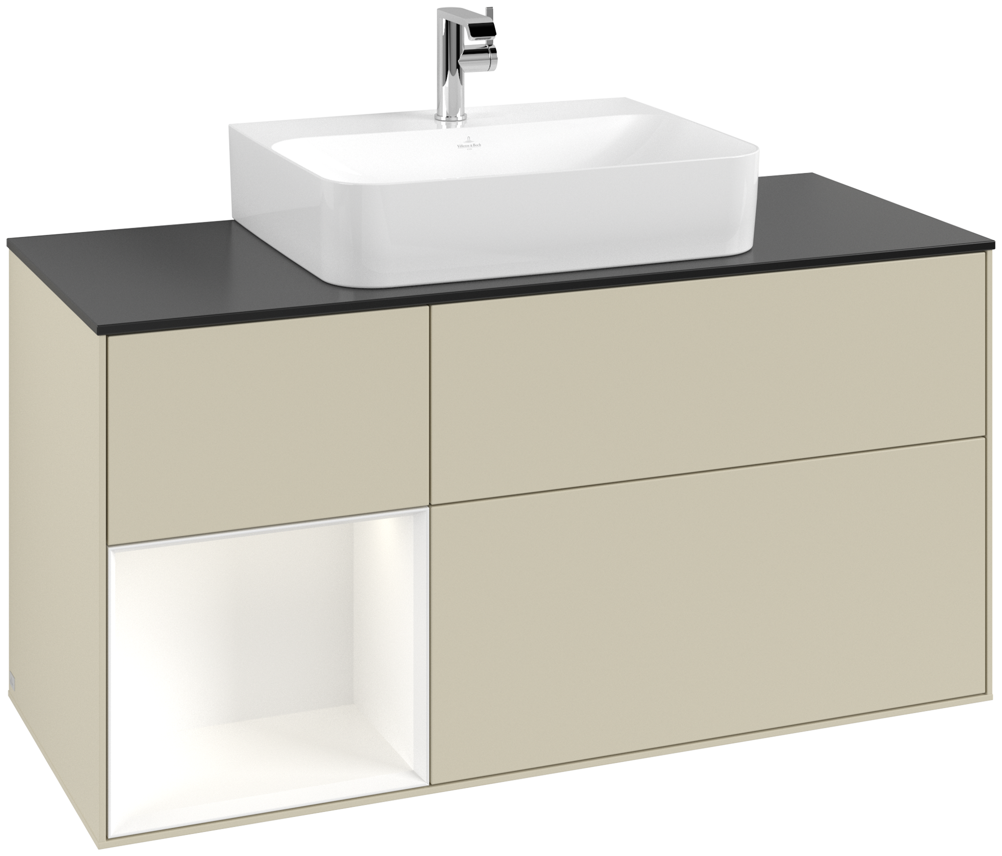 Villeroy & Boch Finion Meuble sous plan, avec éclairage, 3 tiroirs sur rails, 1200x603x501mm, Caisson: Silk Grey Matt Lacquer, Façade: Silk Grey Matt Lacquer, Élément d’étagère: White Matt Lacquer, Plaque de recouvrement: Glass Black Matt