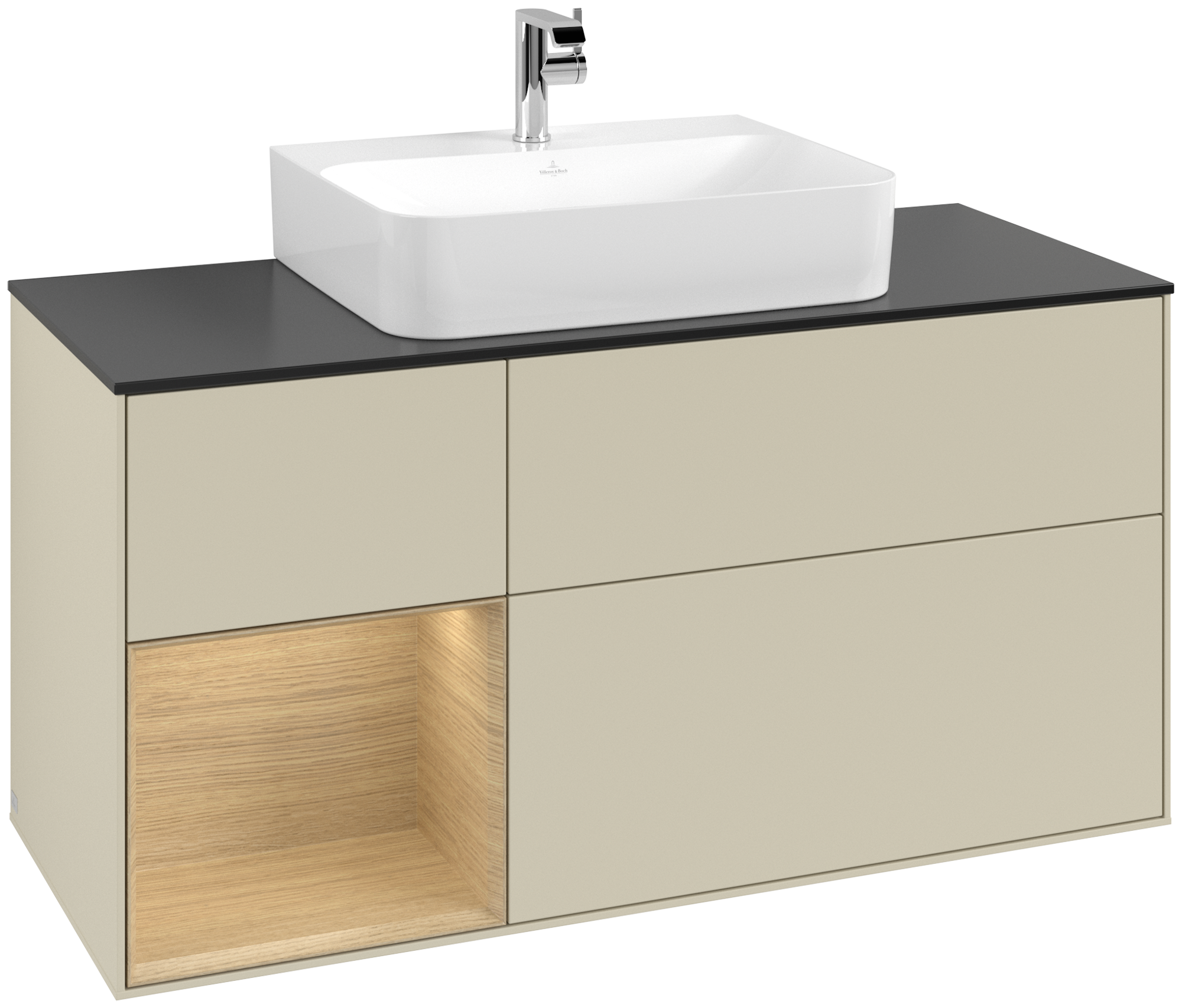 Villeroy & Boch Finion Meuble sous plan, avec éclairage, 3 tiroirs sur rails, 1200x603x501mm, Caisson: Silk Grey Matt Lacquer, Façade: Silk Grey Matt Lacquer, Élément d’étagère: Oak Veneer, Plaque de recouvrement: Glass Black Matt