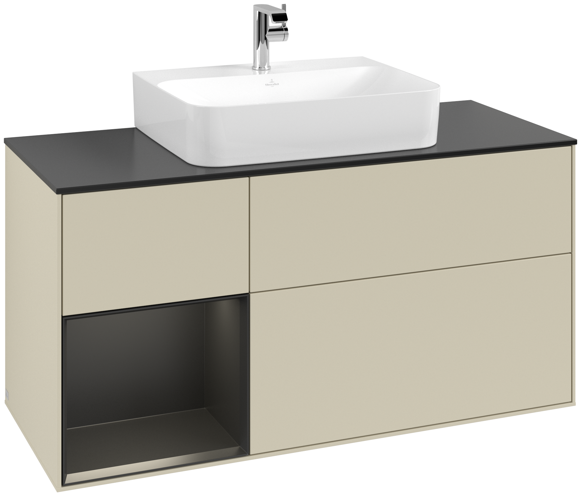 Villeroy & Boch Finion Meuble sous plan, avec éclairage, 3 tiroirs sur rails, 1200x603x501mm, Caisson: Silk Grey Matt Lacquer, Façade: Silk Grey Matt Lacquer, Élément d’étagère: Black Matt Lacquer, Plaque de recouvrement: Glass Black Matt