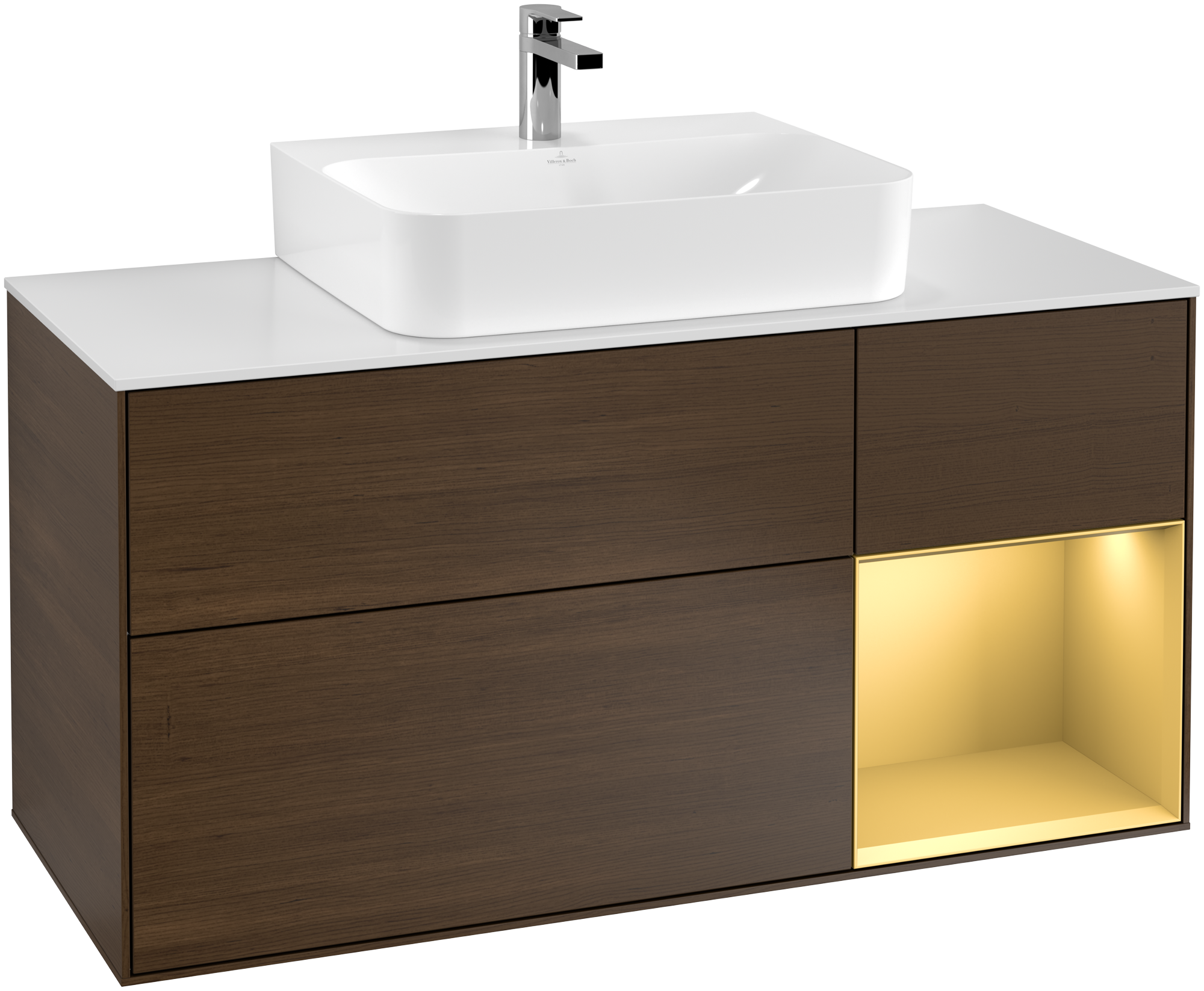 Villeroy & Boch Finion Waschbeckenunterschrank, mit Beleuchtung, 3 Auszüge, 1200x603x501mm, Korpus: Walnut Veneer, Front: Walnut Veneer, Regalelement: Gold Matt Lacquer, Abdeckplatte: Glass White Matt