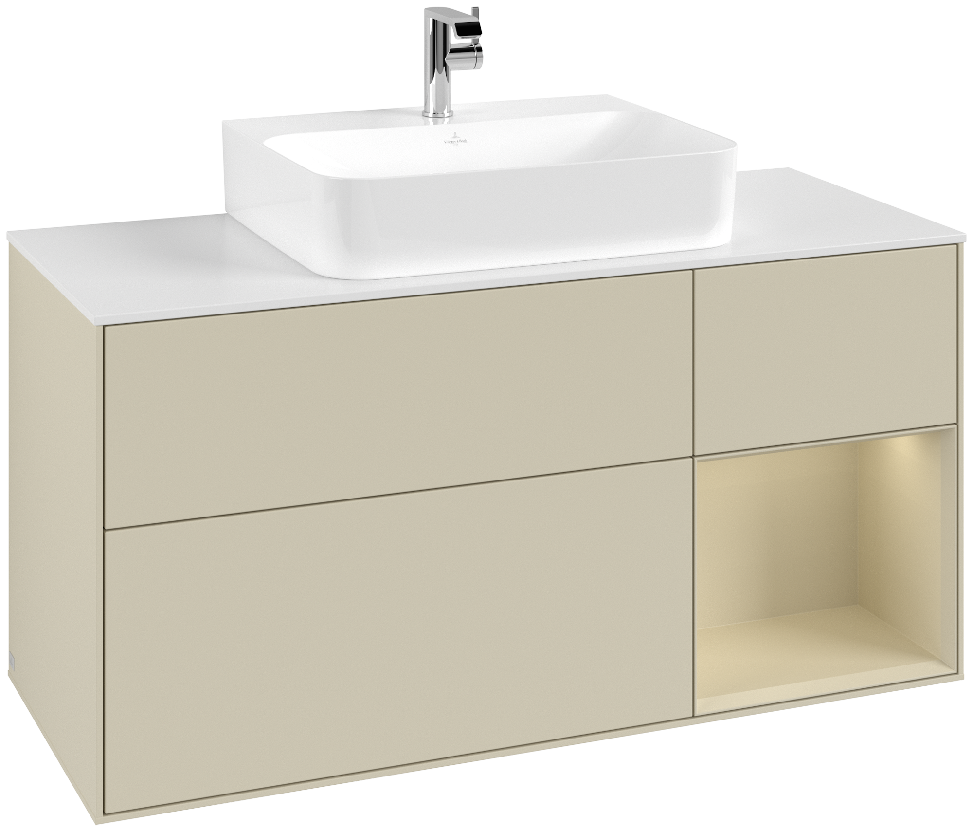 Villeroy & Boch Finion Meuble sous plan, avec éclairage, 3 tiroirs sur rails, 1200x603x501mm, Caisson: Silk Grey Matt Lacquer, Façade: Silk Grey Matt Lacquer, Élément d’étagère: Silk Grey Matt Lacquer, Plaque de recouvrement: Glass White Matt