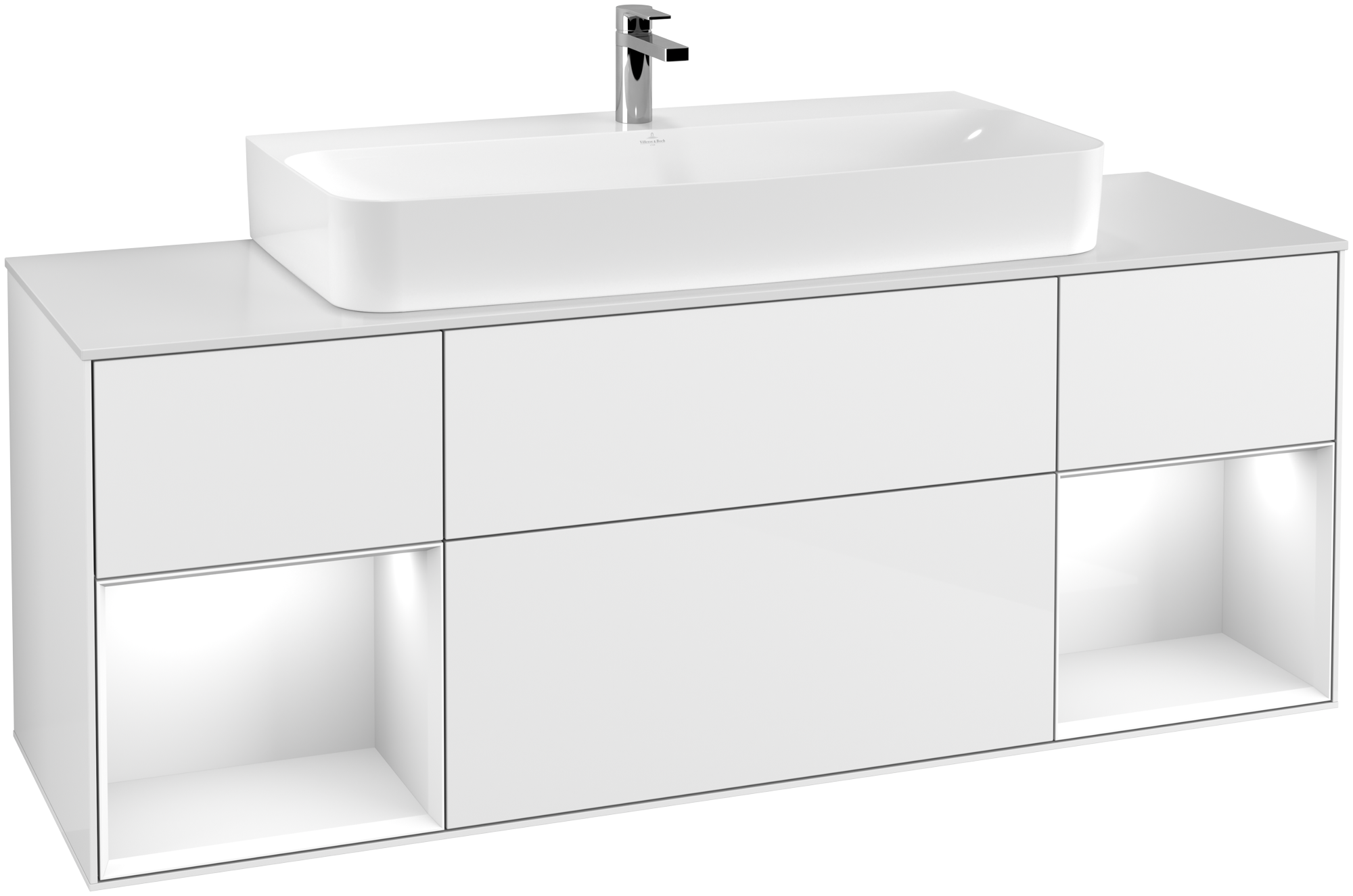 Villeroy & Boch Finion Szafka podumywalkowa, z oświetleniem, 4 elementy wysuwane, 1600x603x501mm, Korpus: Glossy White Lacquer, Front: Glossy White Lacquer, Element regałowy: Glossy White Lacquer, Blat: Glass White Matt