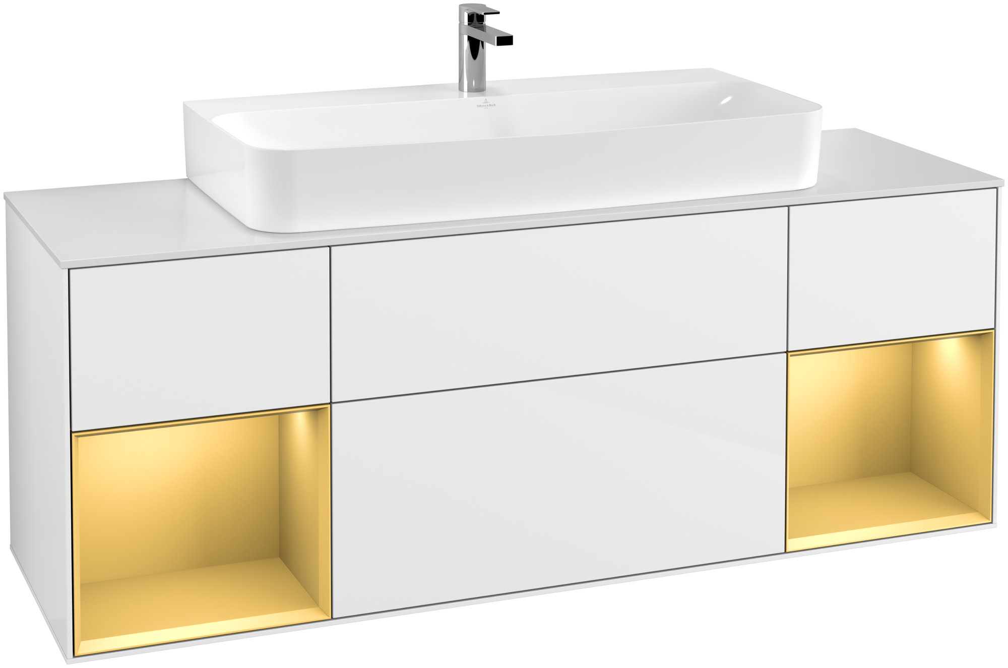 Villeroy & Boch 福朗 梳洗柜, 含照明, 4个拉出式抽屉, 1600x603x501mm, 主体: 亮白烤漆, 正面: 亮白烤漆, 置物架: 哑光金色漆, 顶部: 玻璃哑光白色