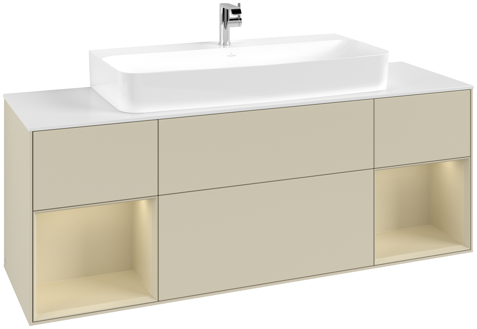 Villeroy & Boch Finion Waschbeckenunterschrank, mit Beleuchtung, 4 Auszüge, 1600x603x501mm, Korpus: Silk Grey Matt Lacquer, Front: Silk Grey Matt Lacquer, Regalelement: Silk Grey Matt Lacquer, Abdeckplatte: Glass White Matt