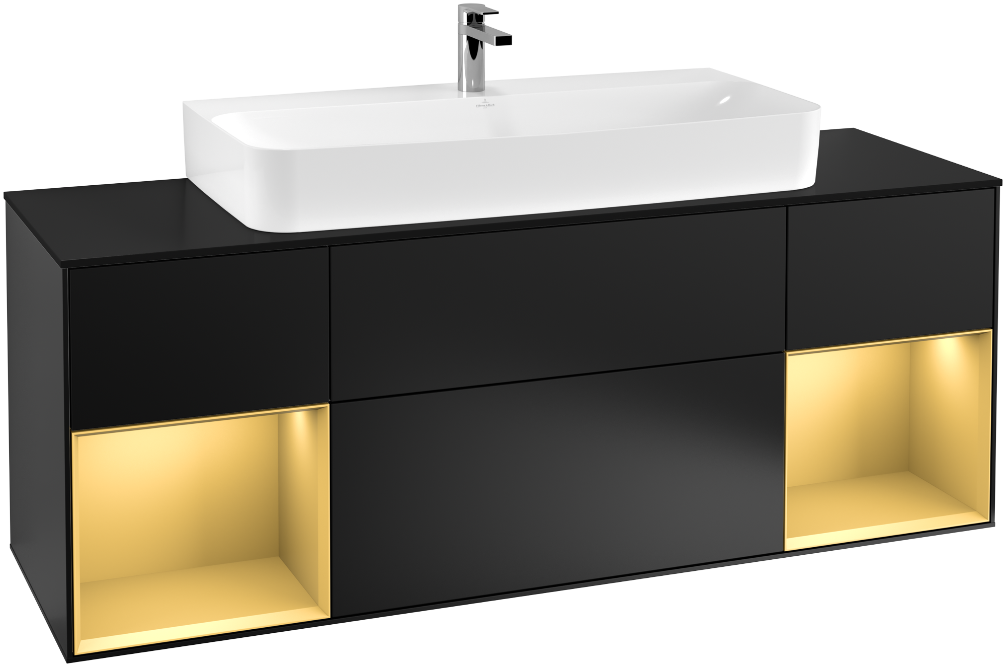Villeroy & Boch Finion Meuble sous plan, avec éclairage, 4 tiroirs sur rails, 1600x603x501mm, Caisson: Black Matt Lacquer, Façade: Black Matt Lacquer, Élément d’étagère: Gold Matt Lacquer, Plaque de recouvrement: Glass Black Matt