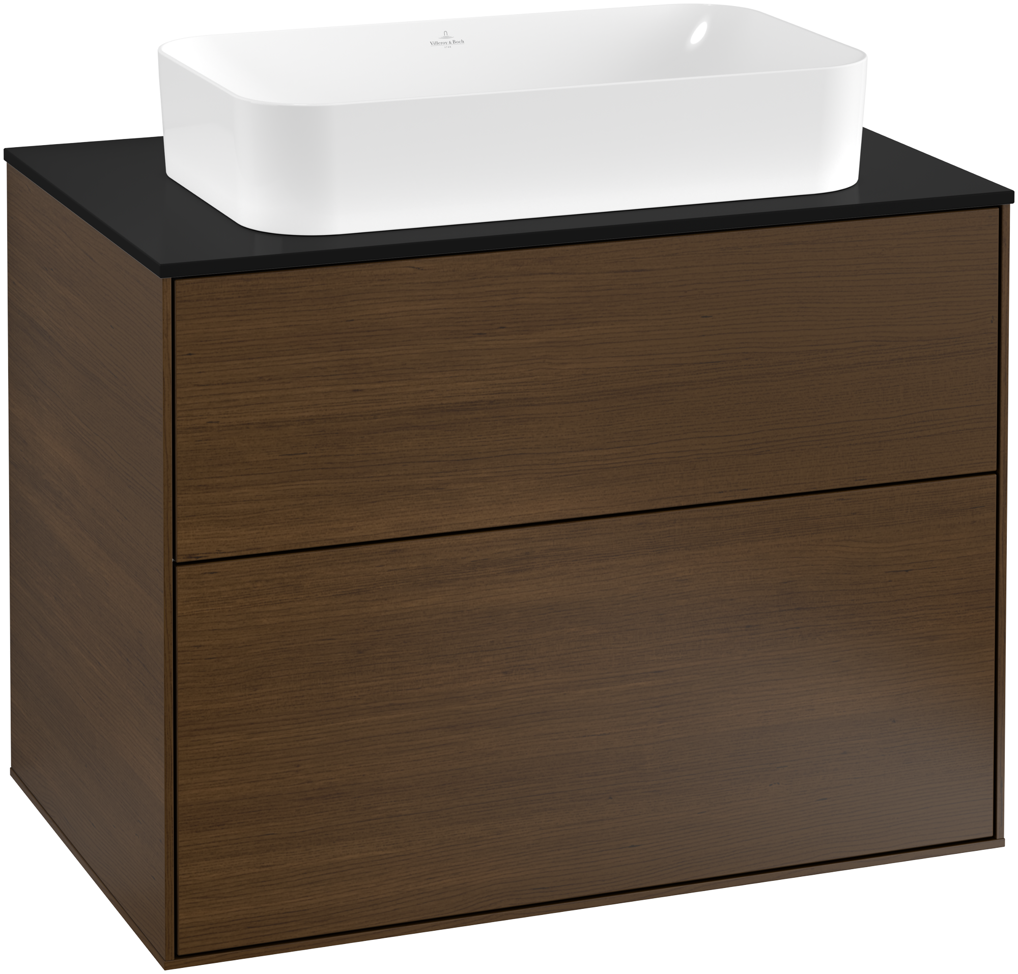 Villeroy & Boch Finion Vanity unit, 2 pull-out compartments, 800x603x501mm, Body: Walnut Veneer, Front: Walnut Veneer, Cover plate: Glass Black Matt