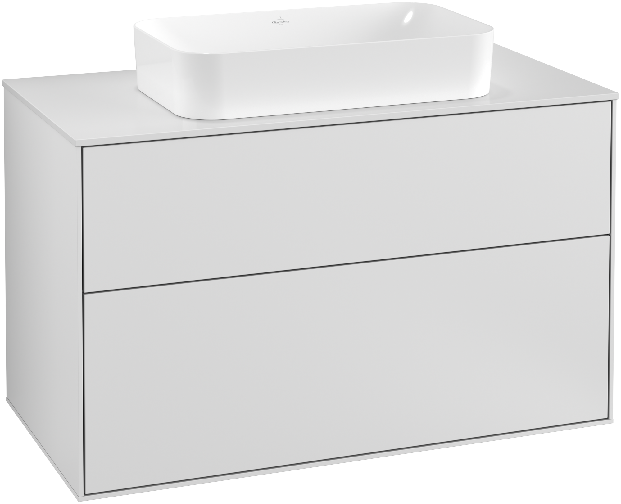 Villeroy & Boch Finion Waschbeckenunterschrank, 2 Auszüge, 1000x603x501mm, Korpus: White Matt Lacquer, Front: White Matt Lacquer, Abdeckplatte: Glass White Matt