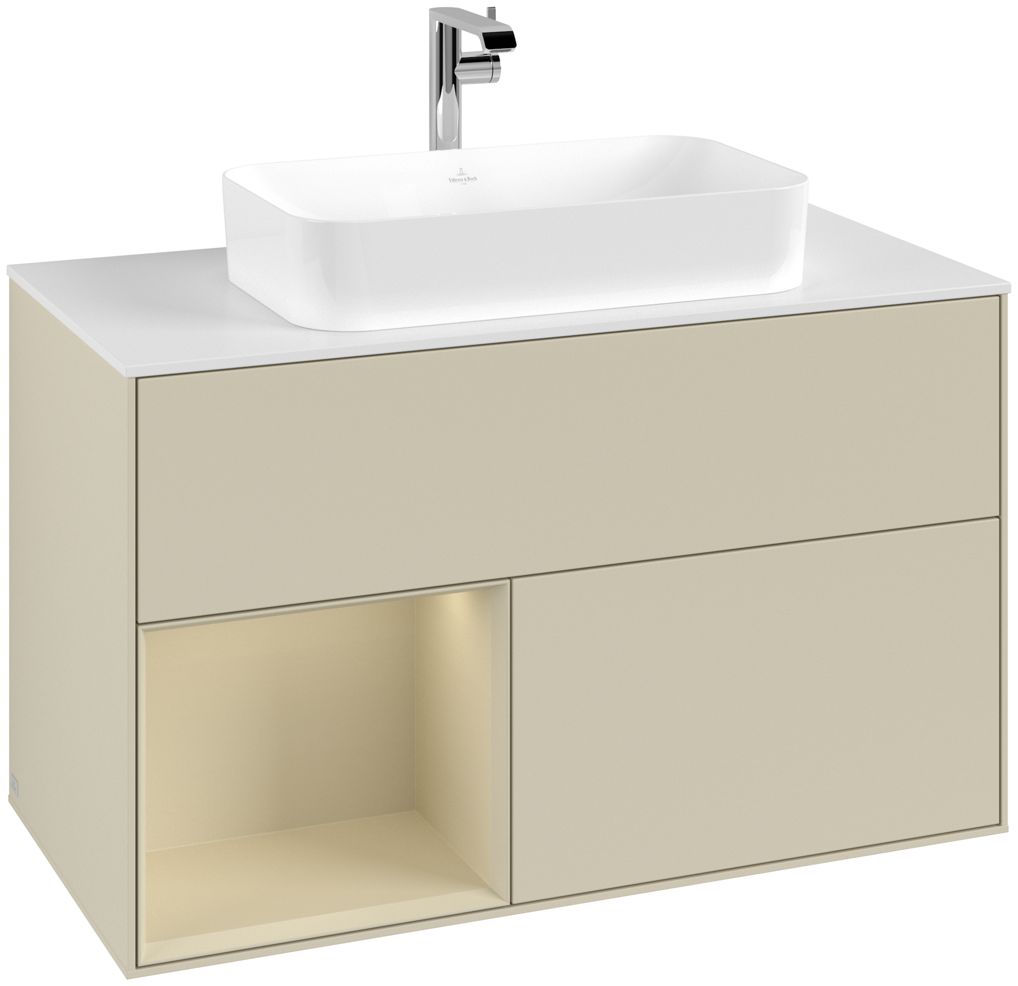 Villeroy & Boch Finion Waschbeckenunterschrank, mit Beleuchtung, 2 Auszüge, 1000x603x501mm, Korpus: Silk Grey Matt Lacquer, Front: Silk Grey Matt Lacquer, Regalelement: Silk Grey Matt Lacquer, Abdeckplatte: Glass White Matt