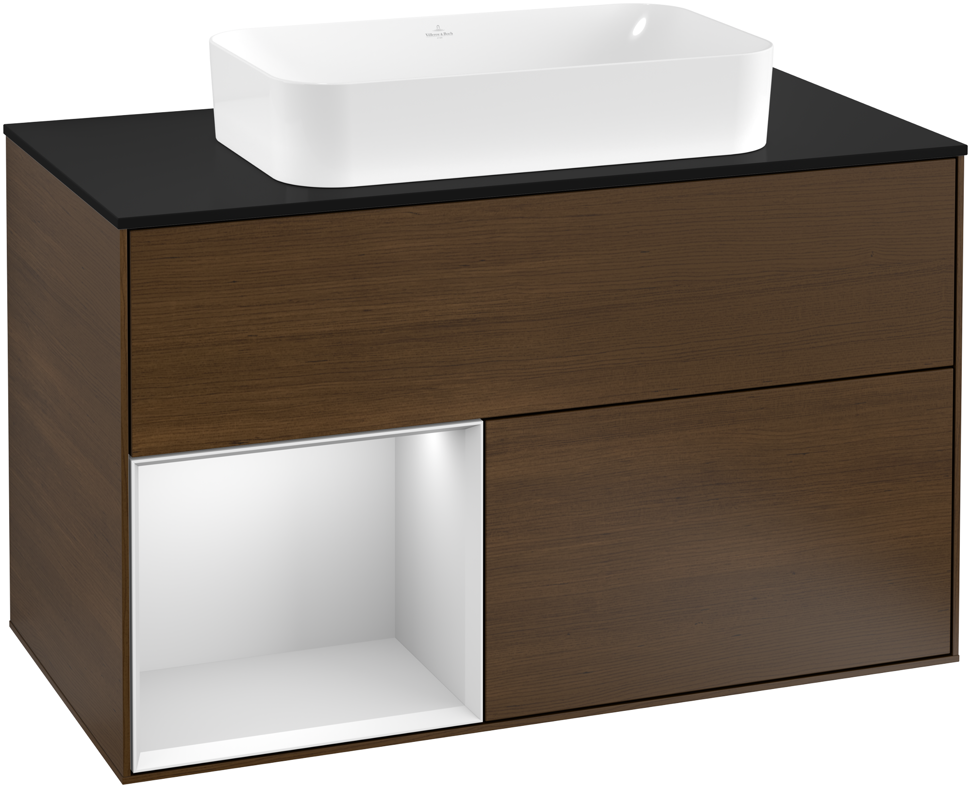 Villeroy & Boch Finion Waschbeckenunterschrank, mit Beleuchtung, 2 Auszüge, 1000x603x501mm, Korpus: Walnut Veneer, Front: Walnut Veneer, Regalelement: White Matt Lacquer, Abdeckplatte: Glass Black Matt