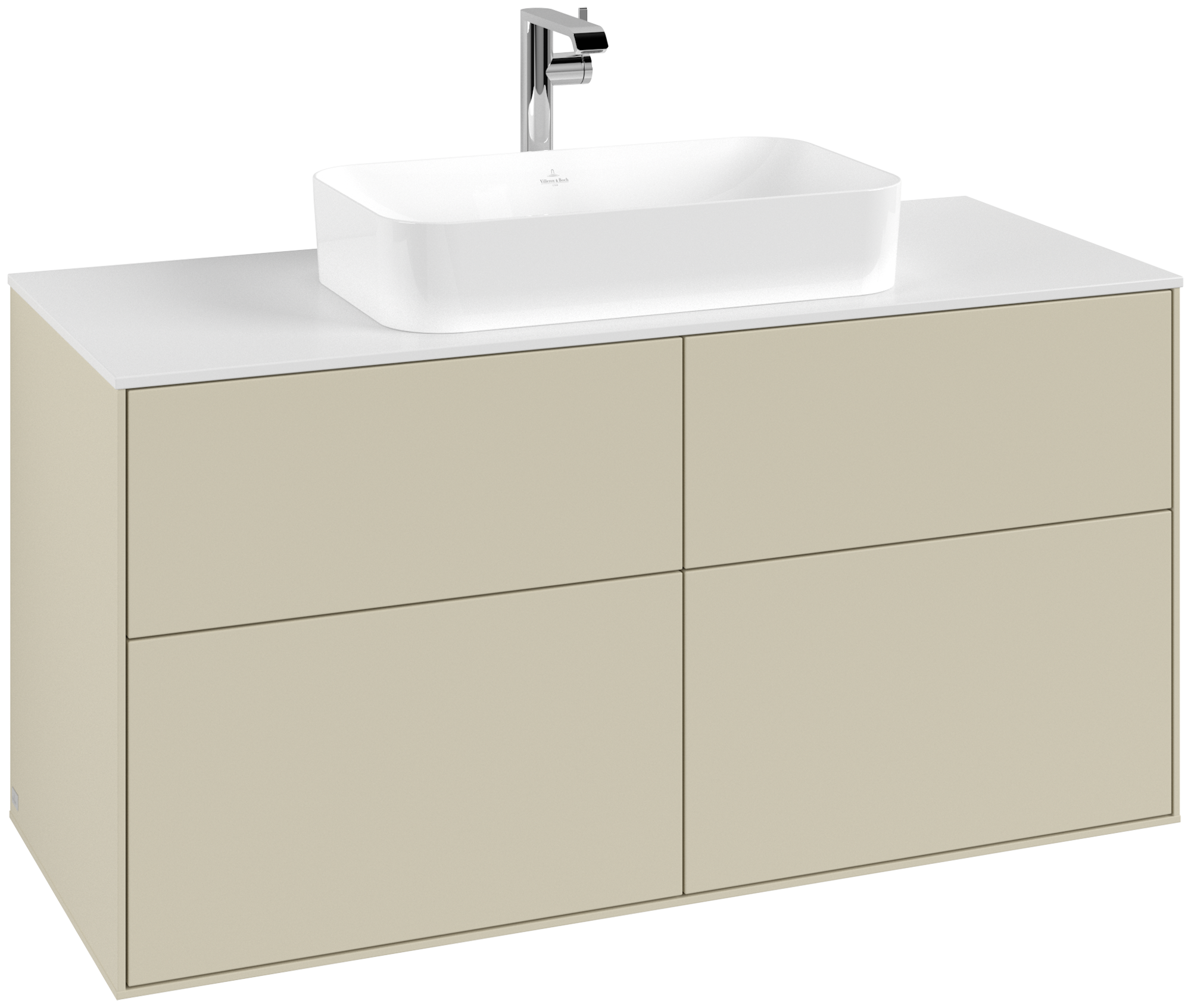 Villeroy & Boch Finion Waschbeckenunterschrank, 4 Auszüge, 1200x603x501mm, Korpus: Silk Grey Matt Lacquer, Front: Silk Grey Matt Lacquer, Abdeckplatte: Glass White Matt