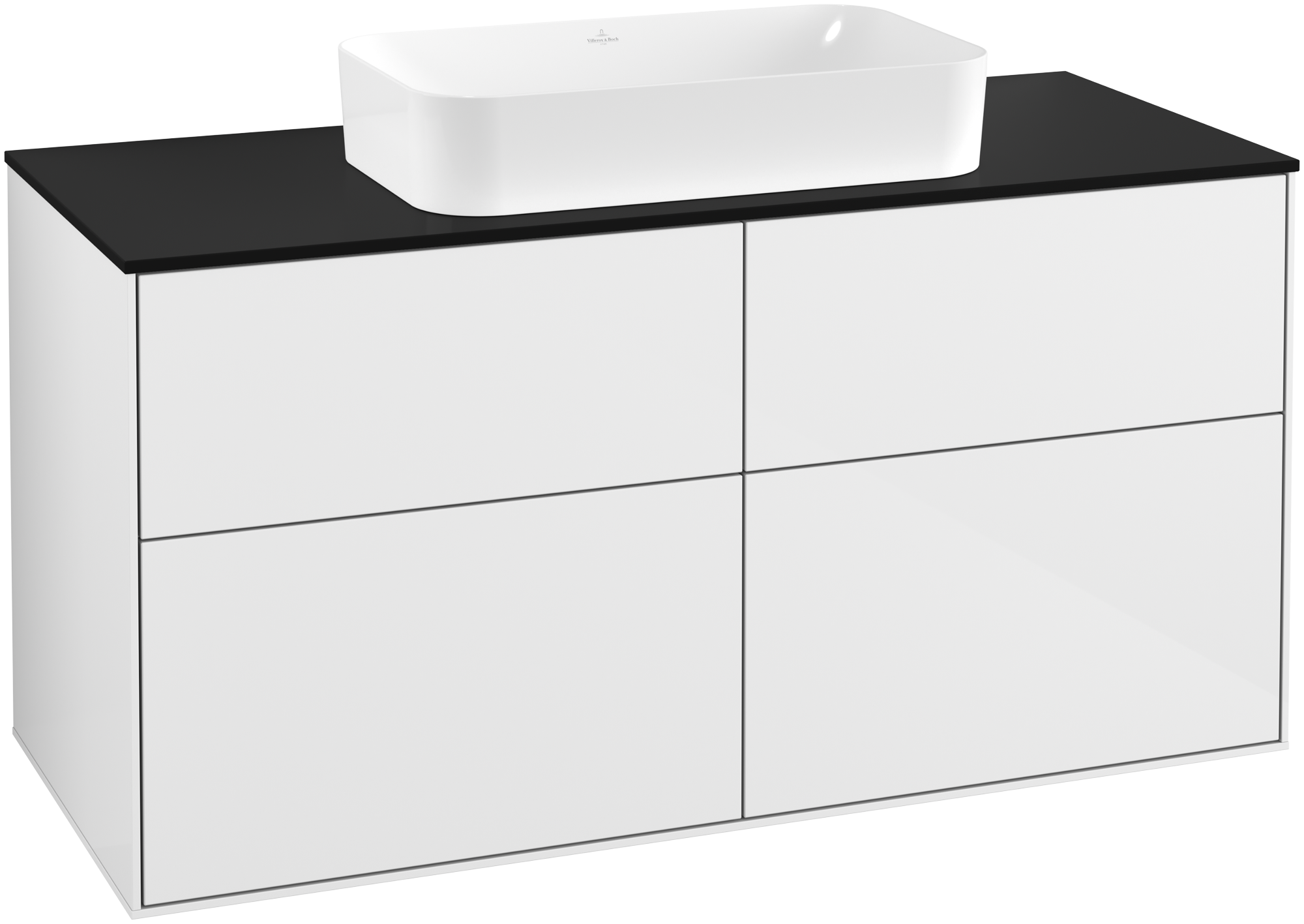 Villeroy & Boch Finion Waschbeckenunterschrank, 4 Auszüge, 1200x603x501mm, Korpus: Glossy White Lacquer, Front: Glossy White Lacquer, Abdeckplatte: Glass Black Matt
