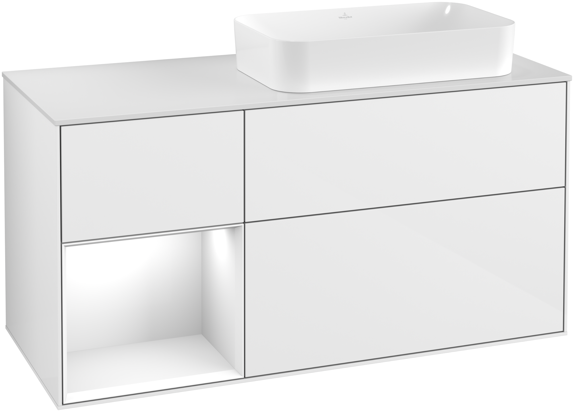 Villeroy & Boch Finion Waschbeckenunterschrank, mit Beleuchtung, 3 Auszüge, 1200x603x501mm, Korpus: Glossy White Lacquer, Front: Glossy White Lacquer, Regalelement: Glossy White Lacquer, Abdeckplatte: Glass White Matt