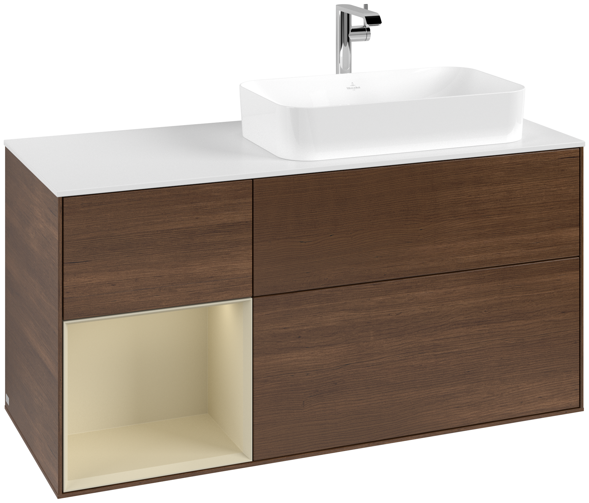 Villeroy & Boch Finion Waschbeckenunterschrank, mit Beleuchtung, 3 Auszüge, 1200x603x501mm, Korpus: Walnut Veneer, Front: Walnut Veneer, Regalelement: Silk Grey Matt Lacquer, Abdeckplatte: Glass White Matt