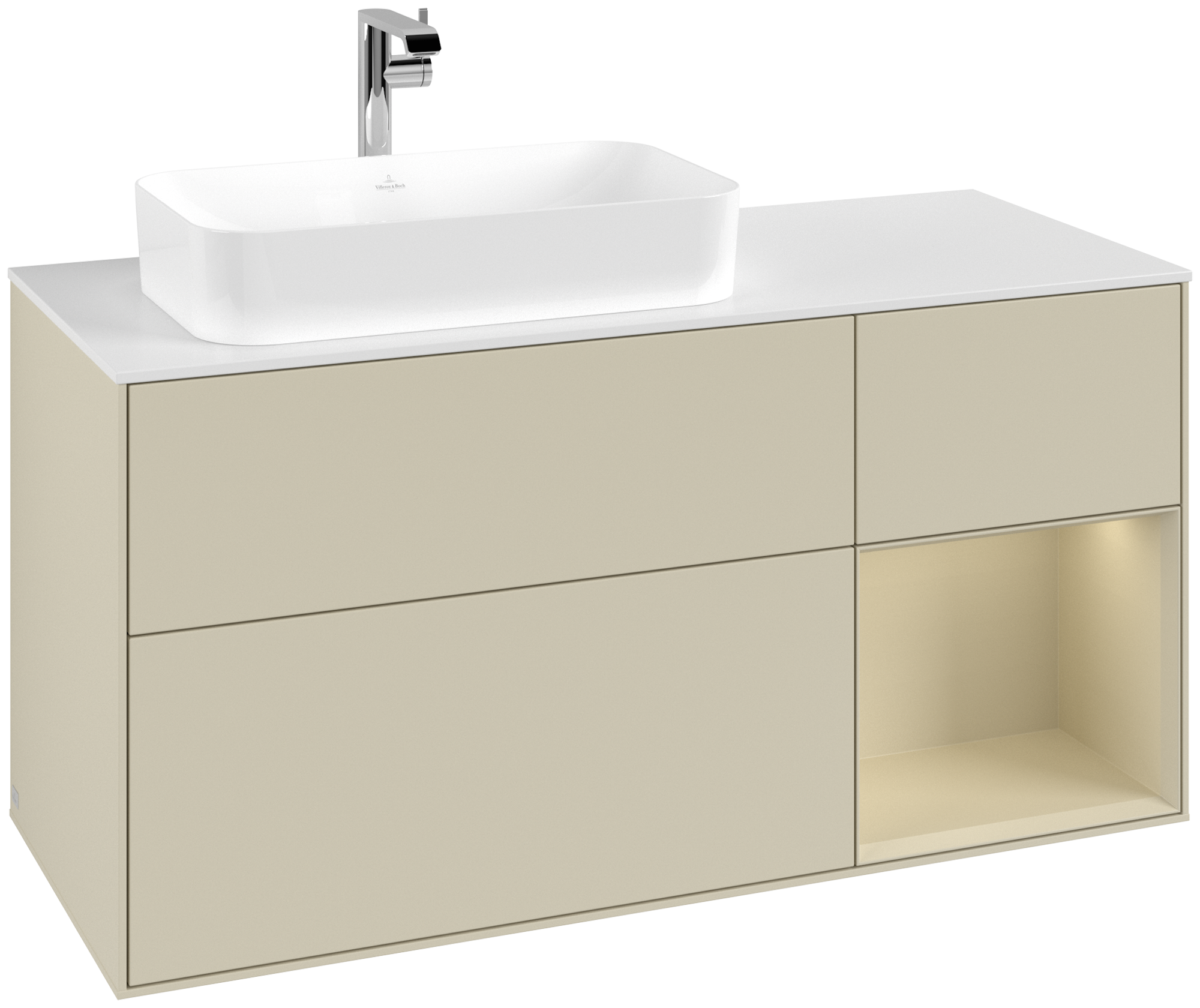 Villeroy & Boch Finion Waschbeckenunterschrank, mit Beleuchtung, 3 Auszüge, 1200x603x501mm, Korpus: Silk Grey Matt Lacquer, Front: Silk Grey Matt Lacquer, Regalelement: Silk Grey Matt Lacquer, Abdeckplatte: Glass White Matt