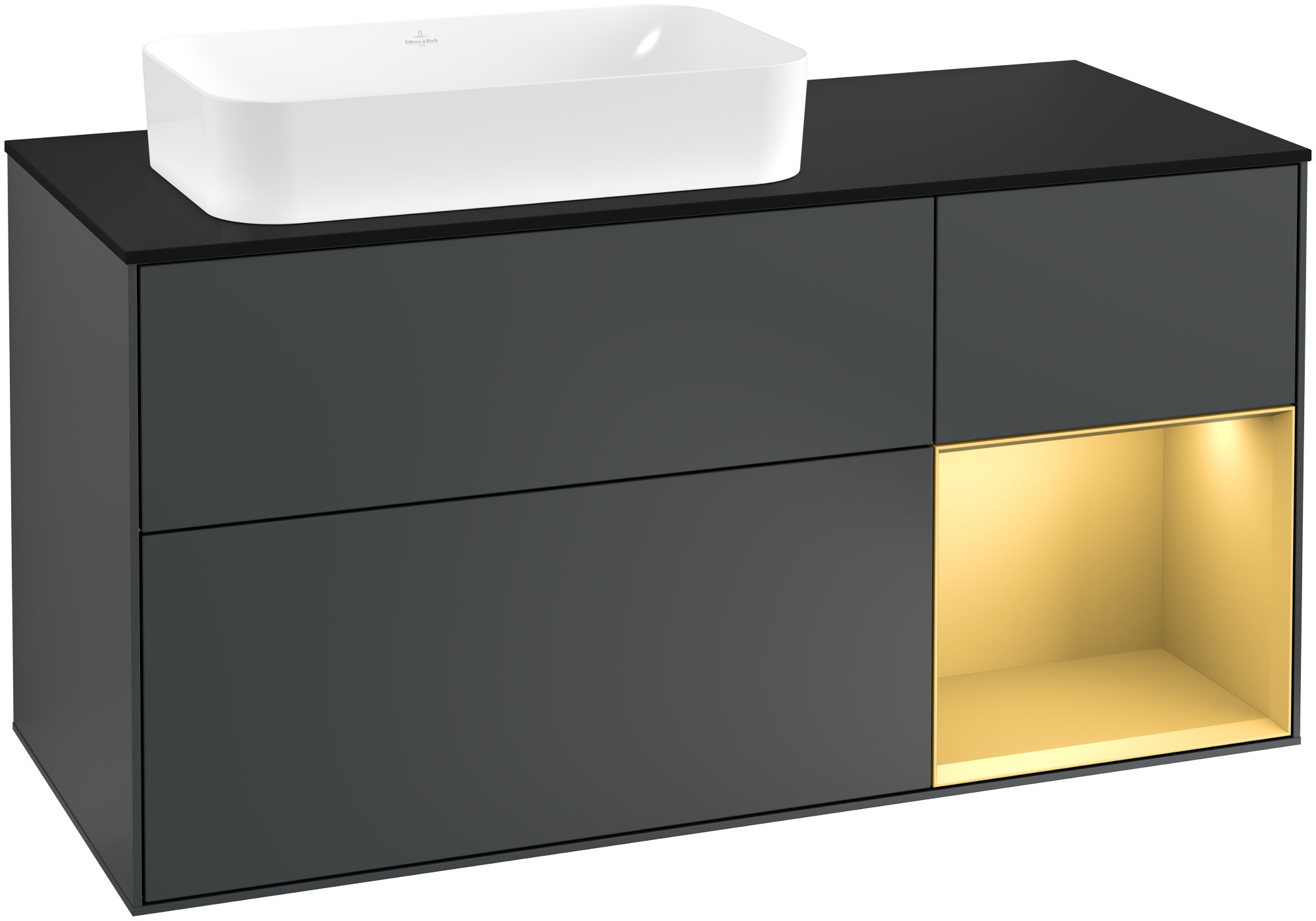 Villeroy & Boch Finion Waschbeckenunterschrank, mit Beleuchtung, 3 Auszüge, 1200x603x501mm, Korpus: Midnight Blue Matt Lacquer, Front: Midnight Blue Matt Lacquer, Regalelement: Gold Matt Lacquer, Abdeckplatte: Glass Black Matt