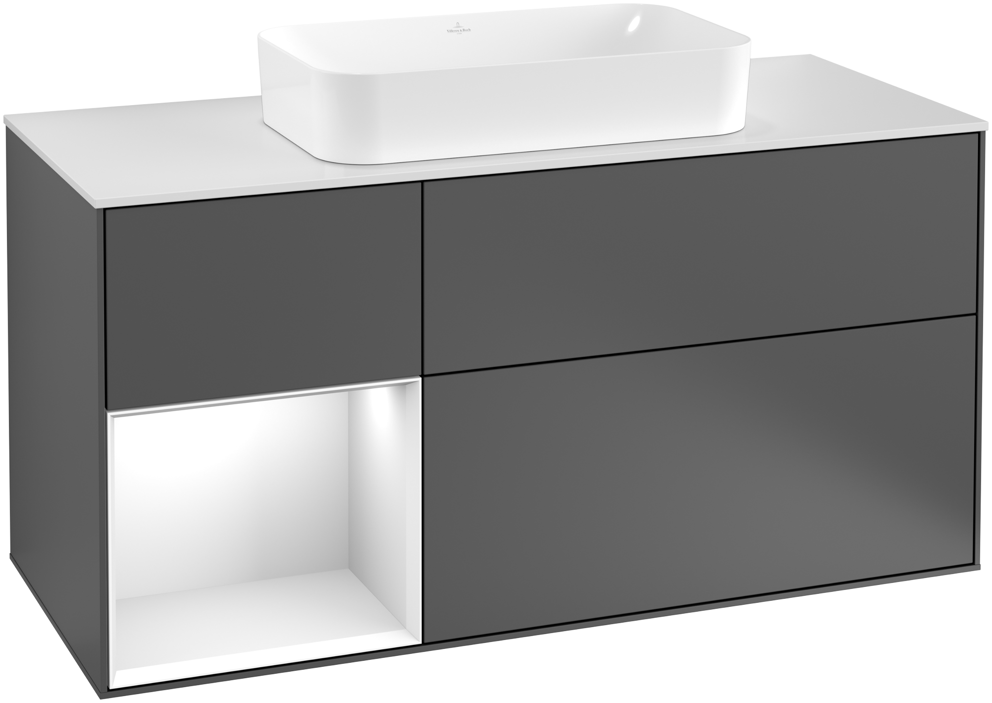 Villeroy & Boch Finion Waschbeckenunterschrank, mit Beleuchtung, 3 Auszüge, 1200x603x501mm, Korpus: Anthracite Matt Lacquer, Front: Anthracite Matt Lacquer, Regalelement: White Matt Lacquer, Abdeckplatte: Glass White Matt