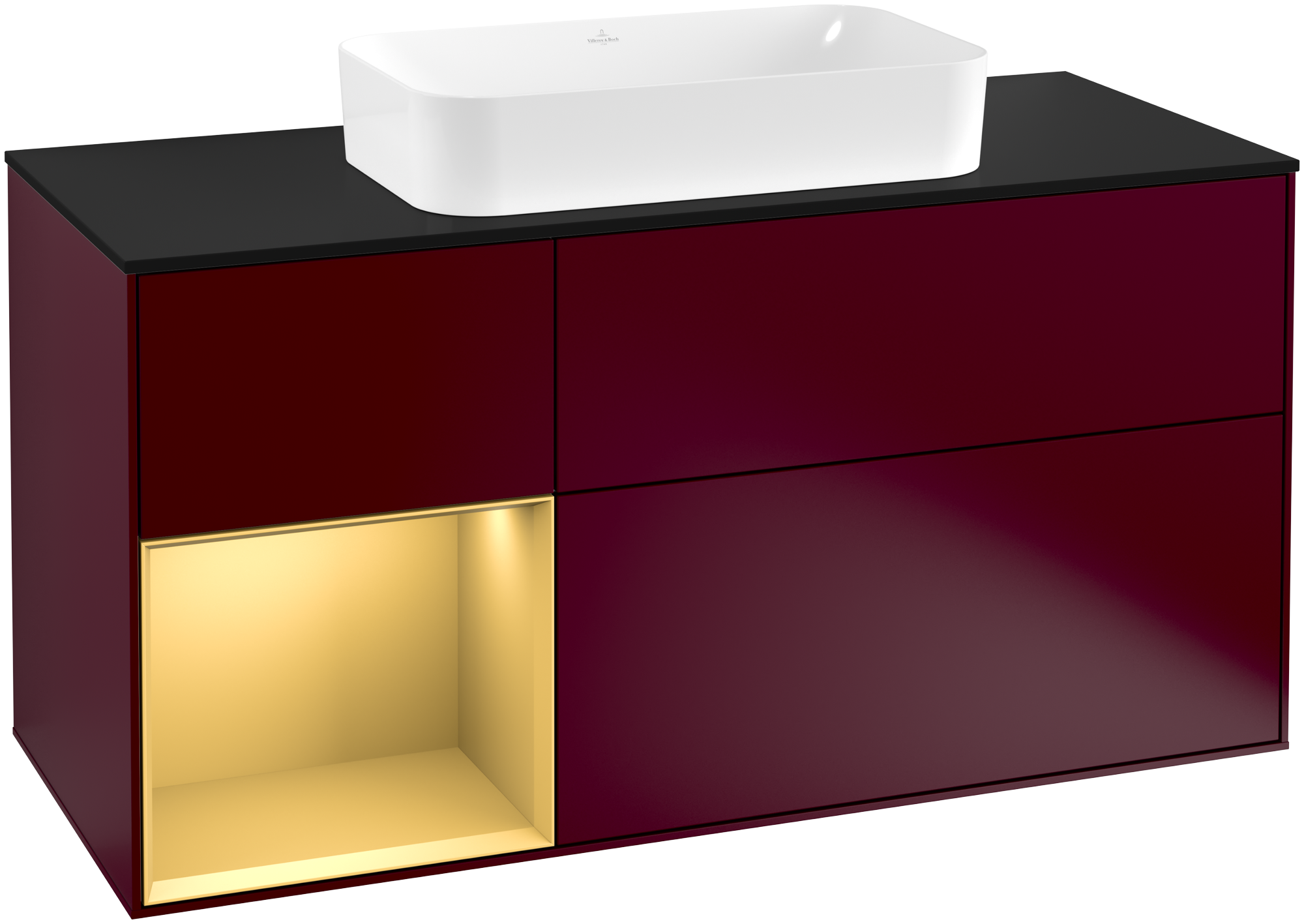 Villeroy & Boch Finion Waschbeckenunterschrank, mit Beleuchtung, 3 Auszüge, 1200x603x501mm, Korpus: Peony Matt Lacquer, Front: Peony Matt Lacquer, Regalelement: Gold Matt Lacquer, Abdeckplatte: Glass Black Matt